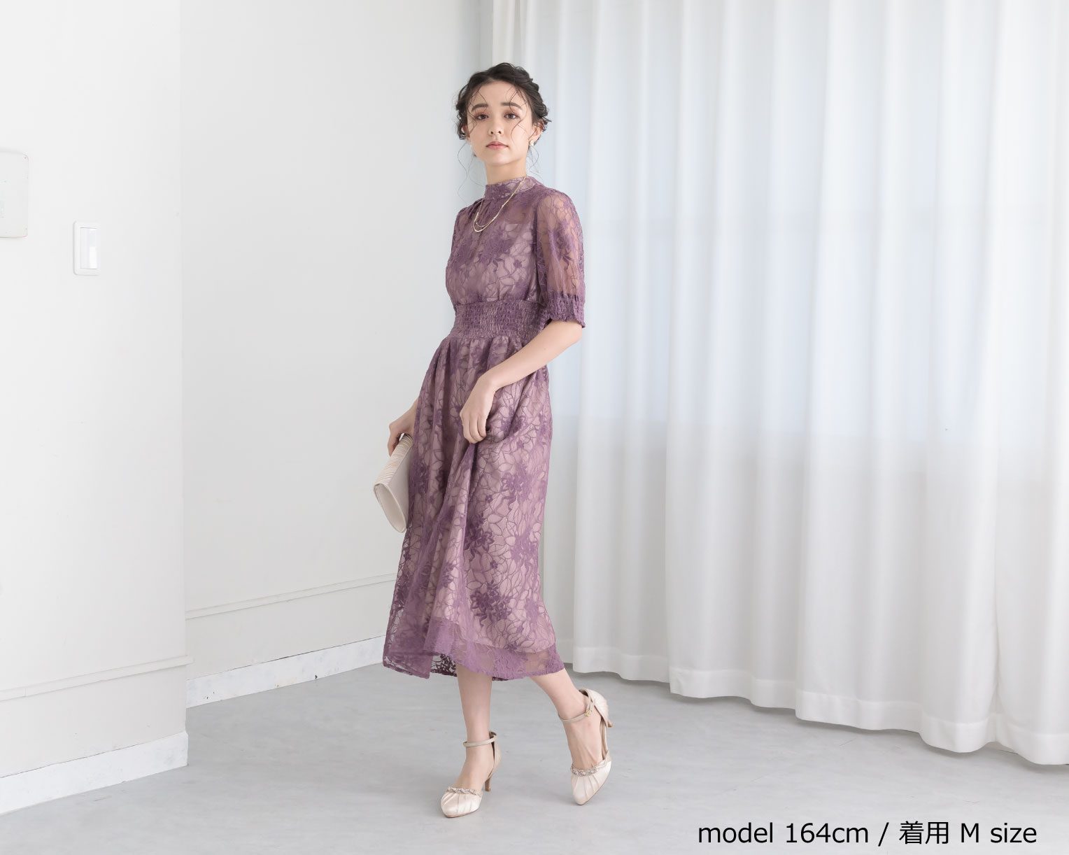 【S~4L】バックリボンシャーリングレース2WAYドレス 105029パープル