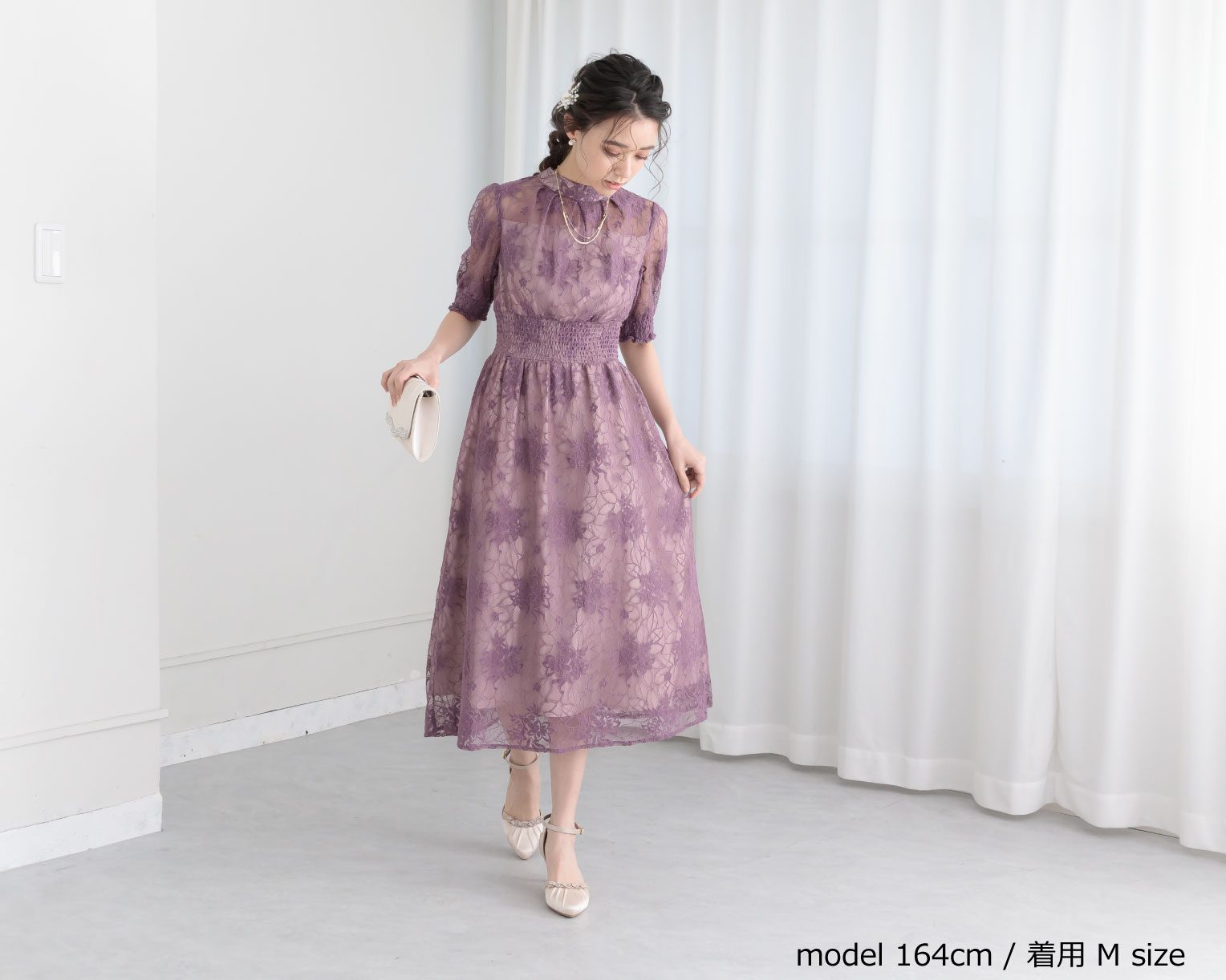 【S~4L】バックリボンシャーリングレース2WAYドレス 105029パープル