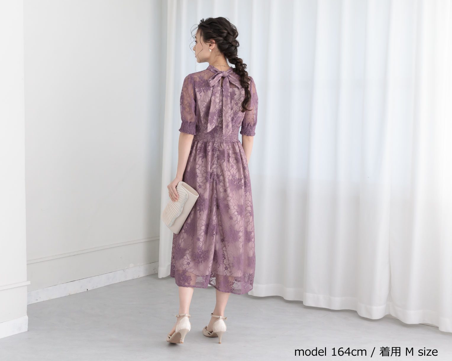 【S~4L】バックリボンシャーリングレース2WAYドレス 105029パープル