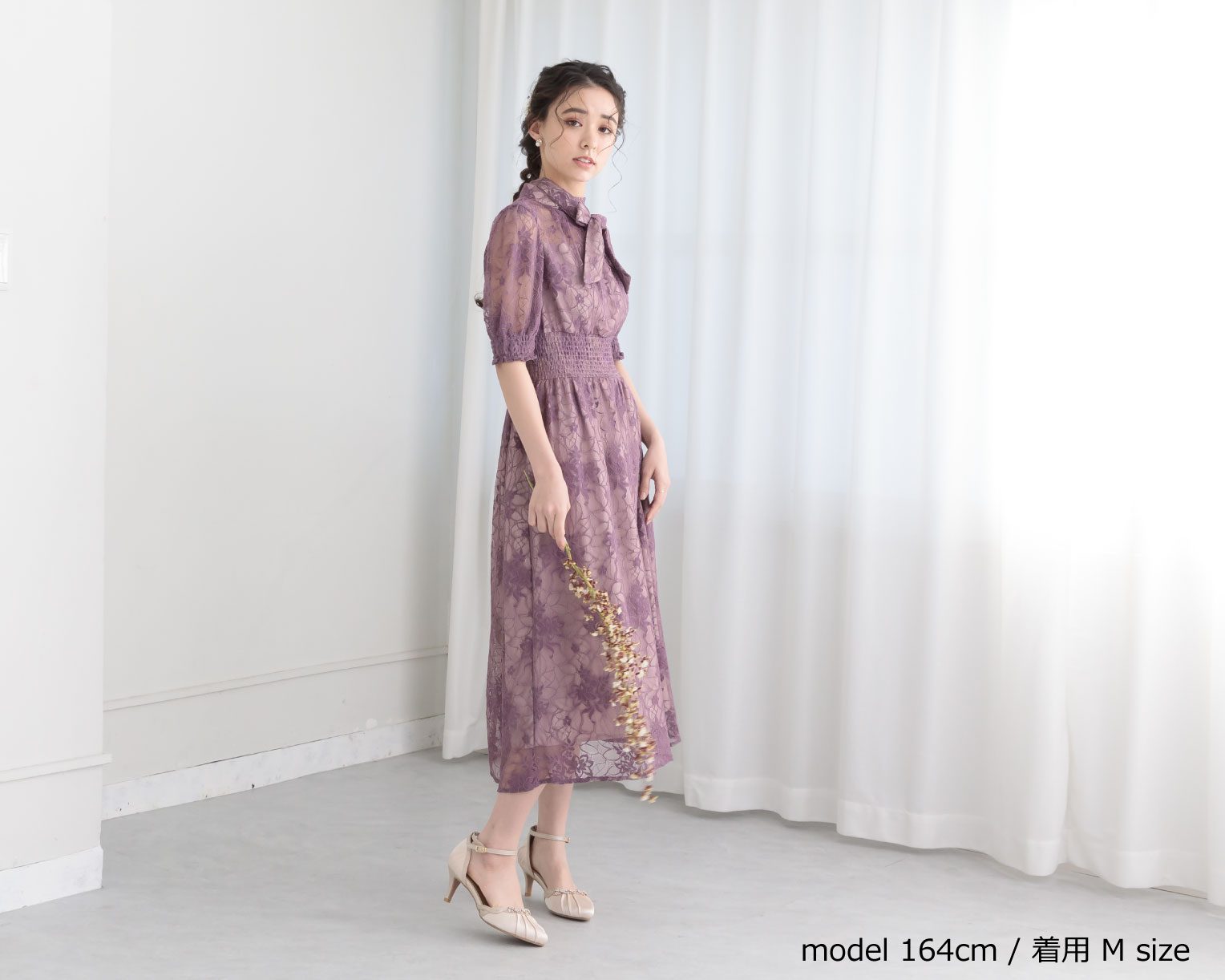 【S~4L】バックリボンシャーリングレース2WAYドレス 105029パープル