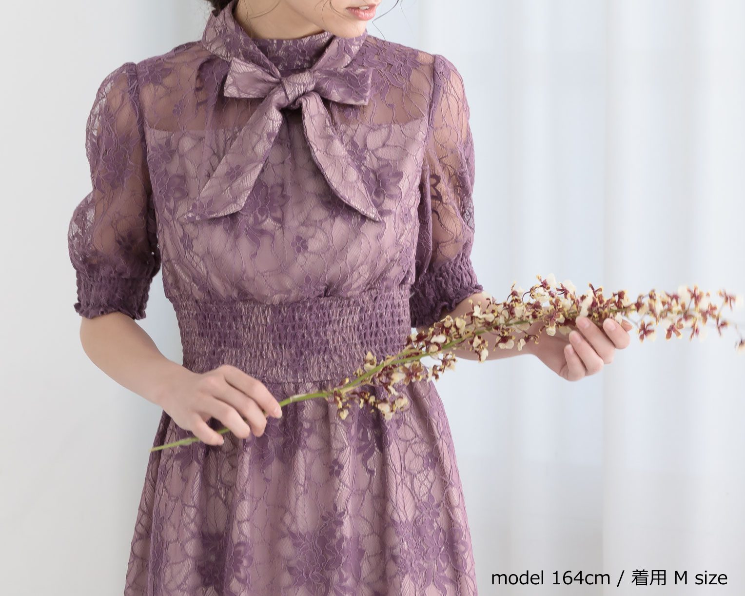 【S~4L】バックリボンシャーリングレース2WAYドレス 105029パープル