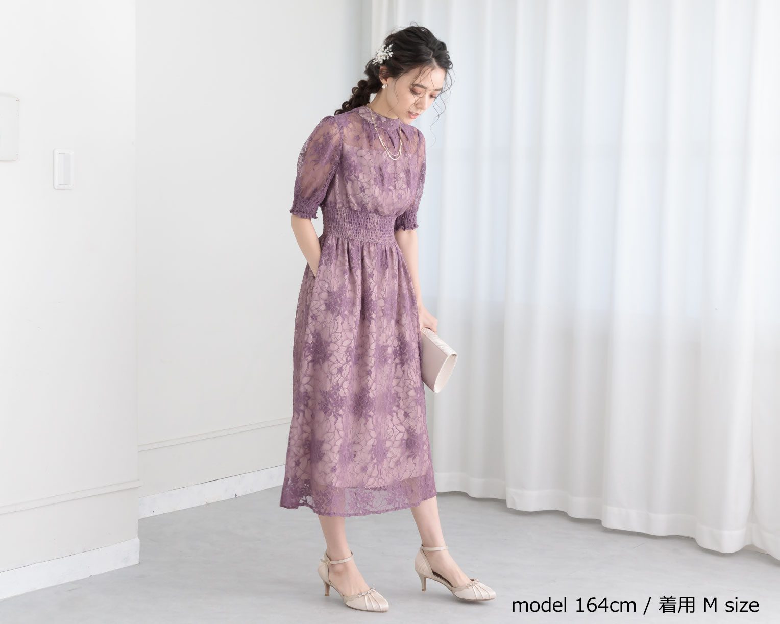 【S~4L】バックリボンシャーリングレース2WAYドレス 105029パープル