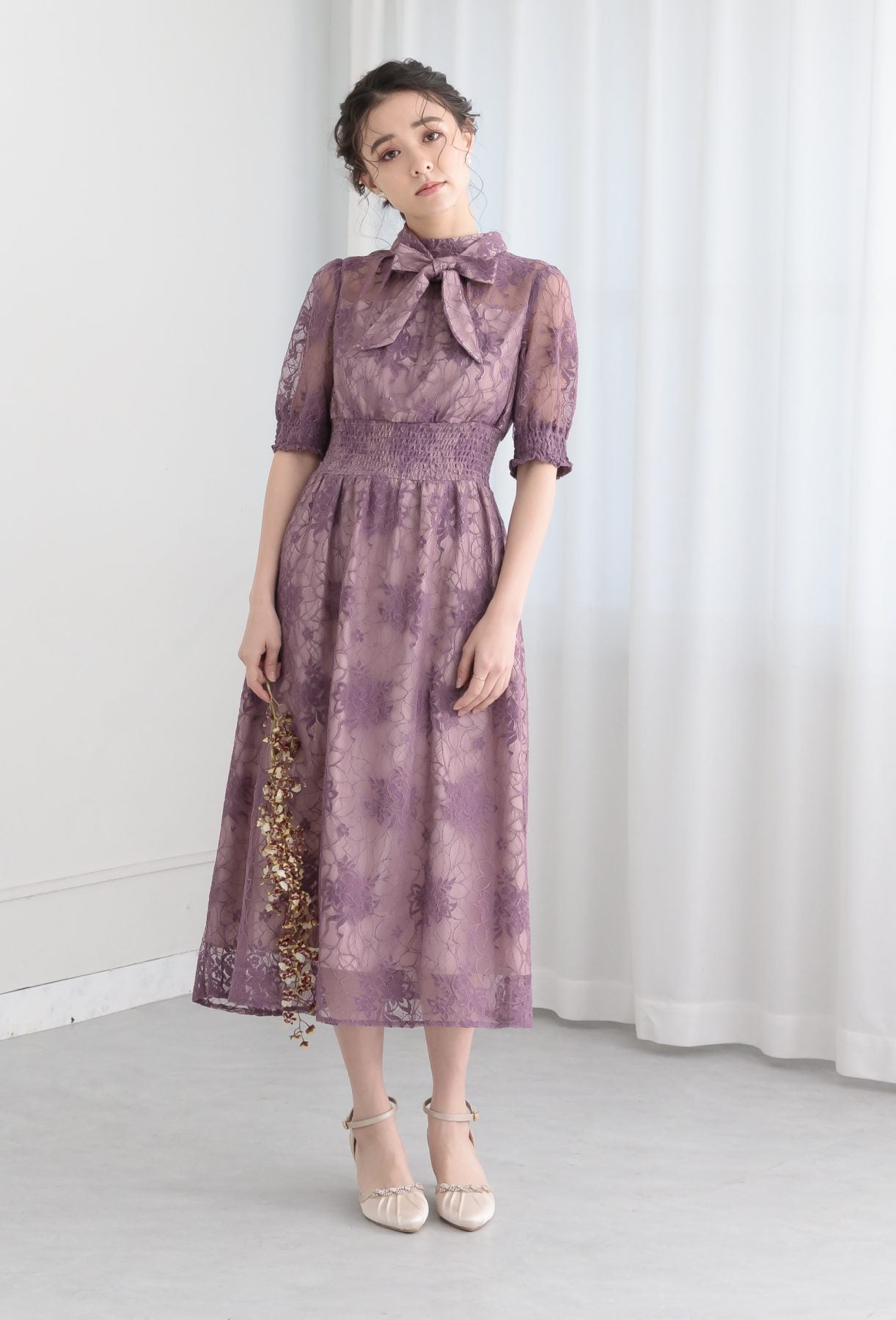 【S~4L】バックリボンシャーリングレース2WAYドレス 105029パープル