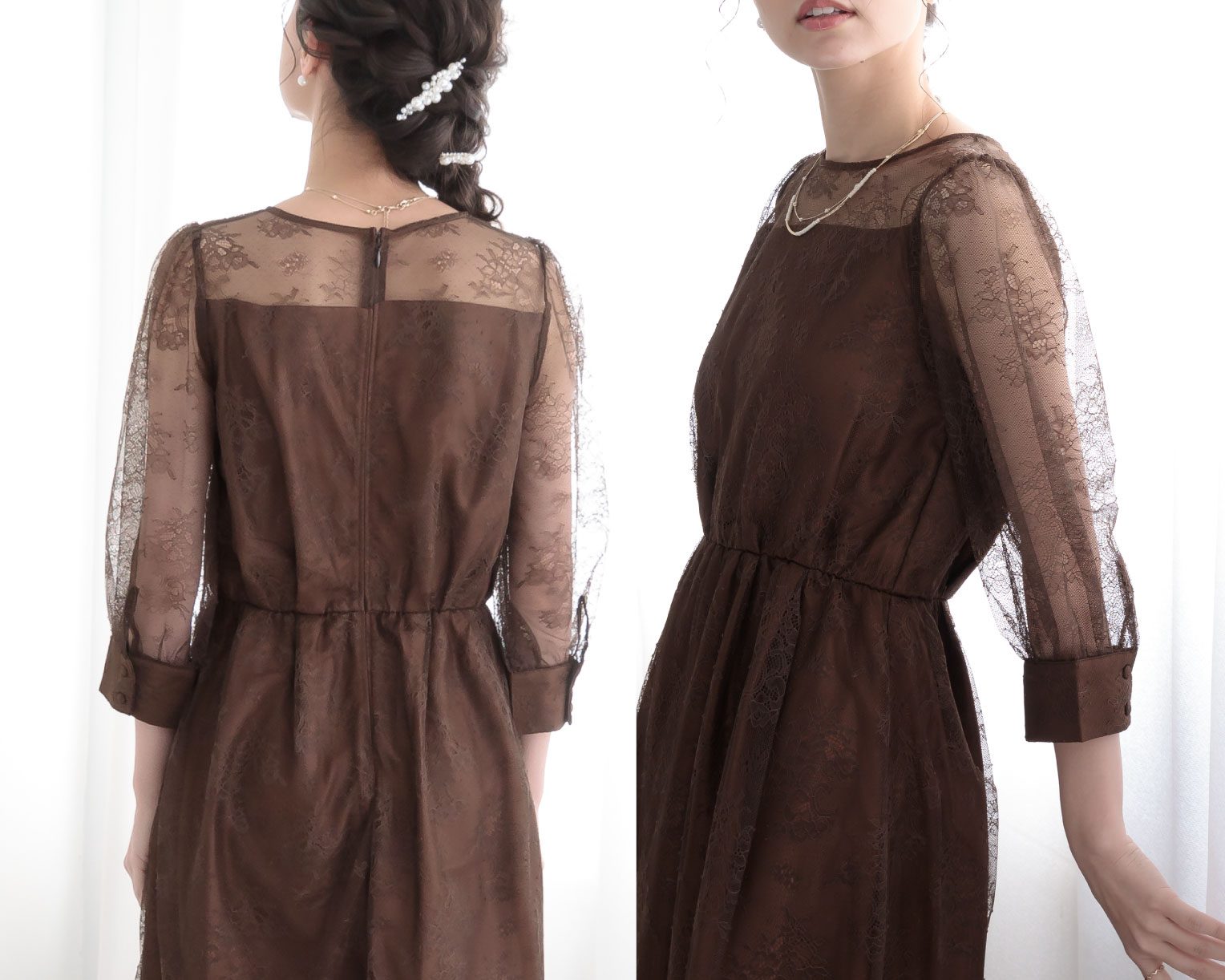 【S~4L】襟付き総レース2WAYドレス 105030ブラウン