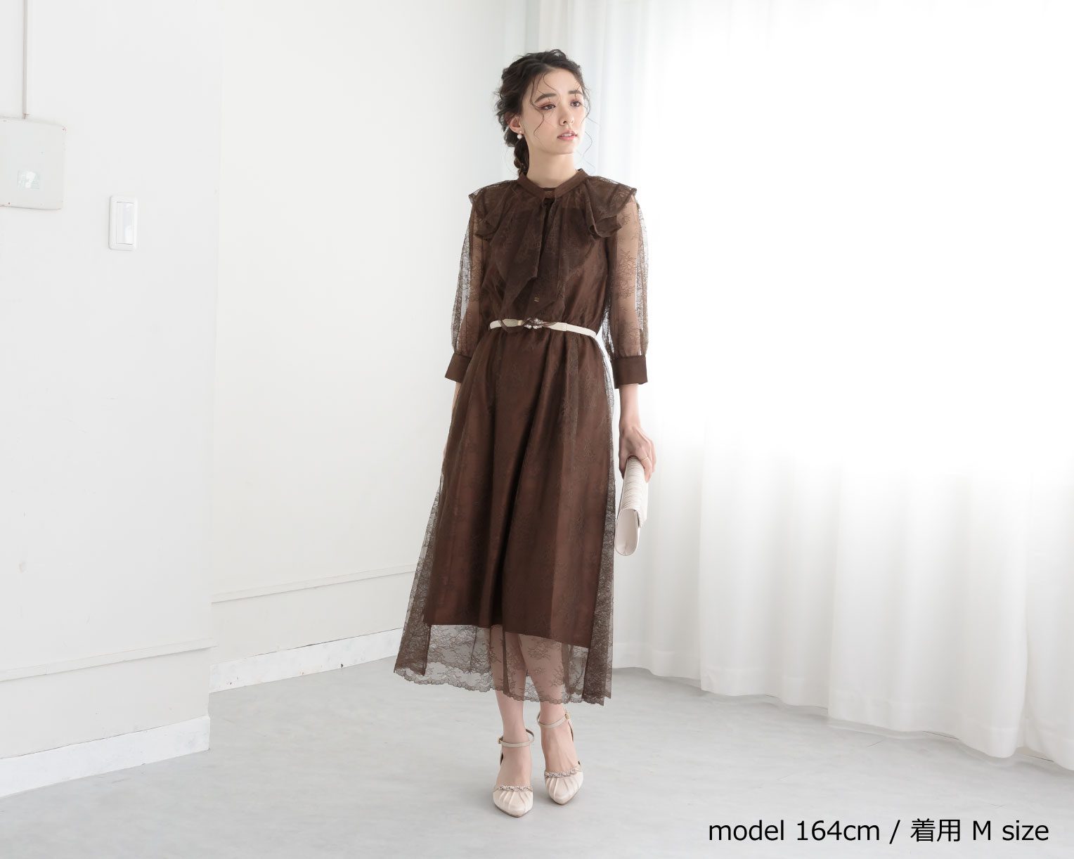 【S~4L】襟付き総レース2WAYドレス 105030ブラウン