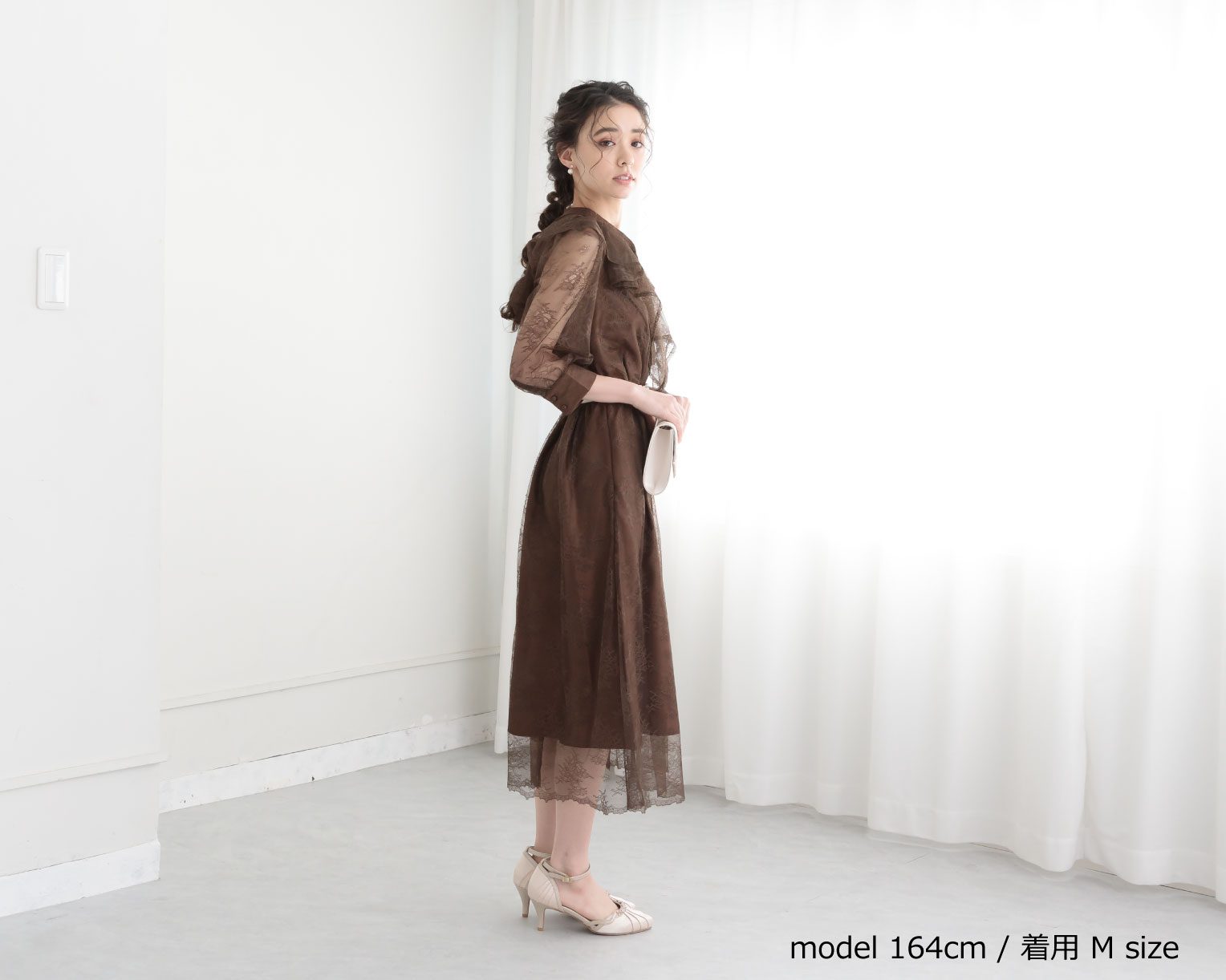 【S~4L】襟付き総レース2WAYドレス 105030ブラウン