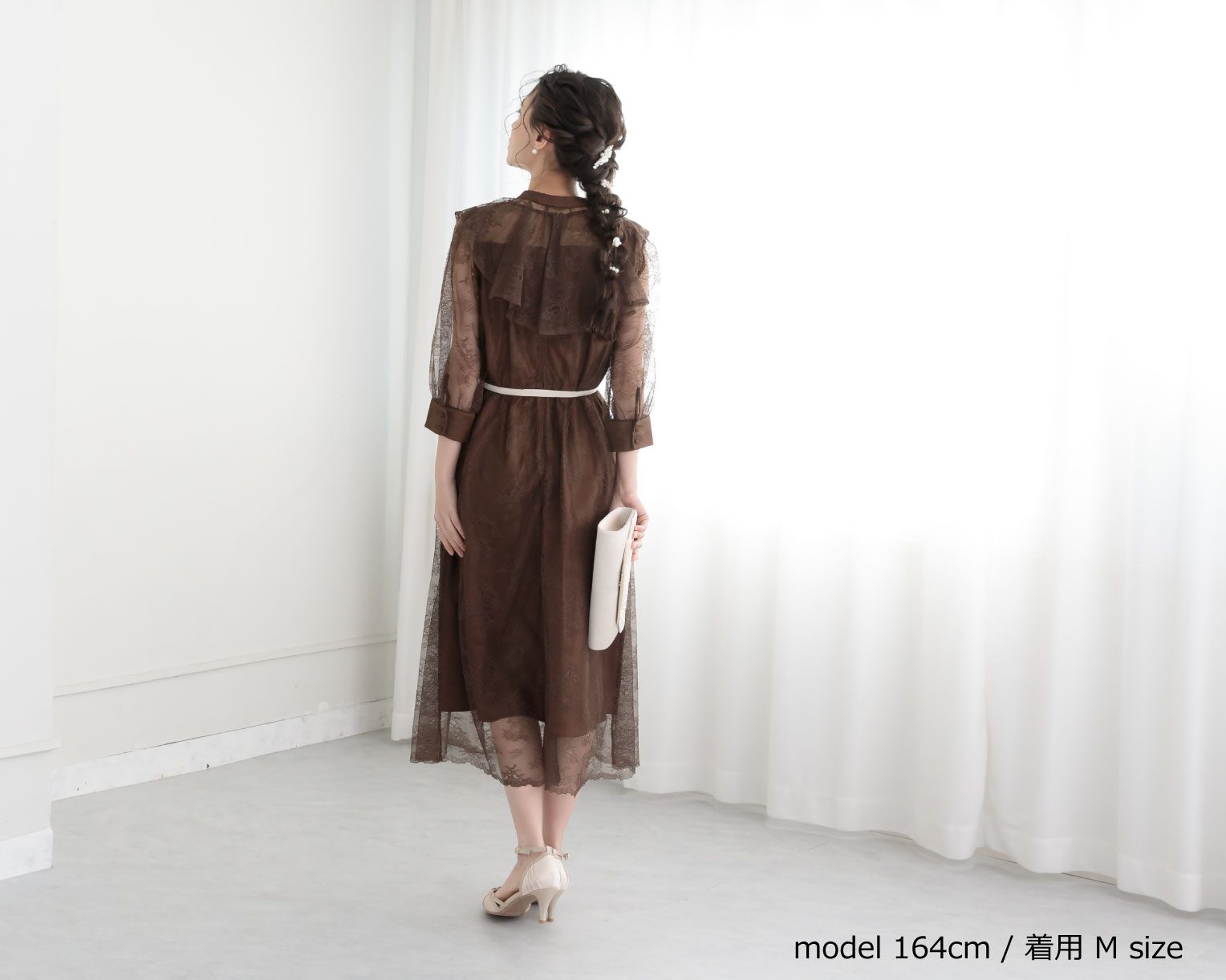 【S~4L】襟付き総レース2WAYドレス 105030ブラウン