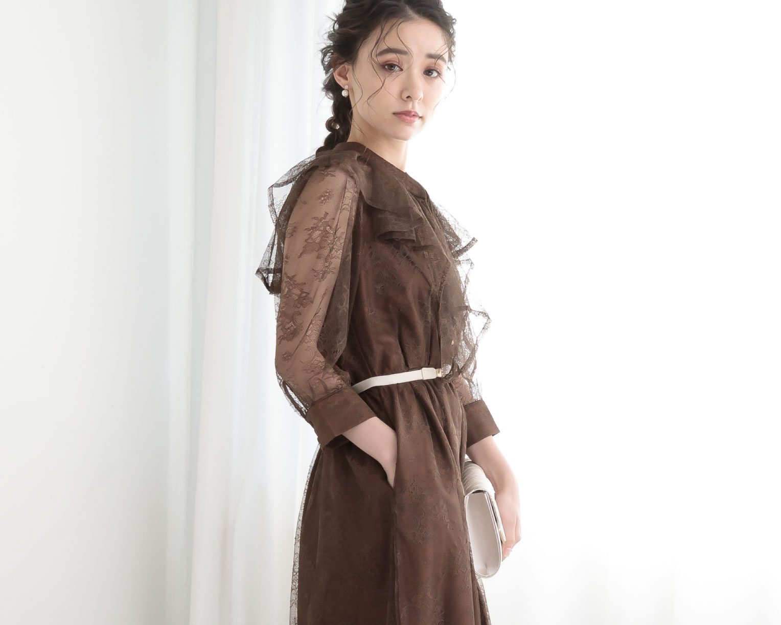 【S~4L】襟付き総レース2WAYドレス 105030ブラウン