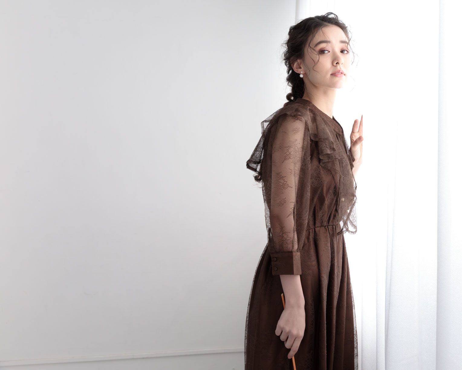 【S~4L】襟付き総レース2WAYドレス 105030ブラウン