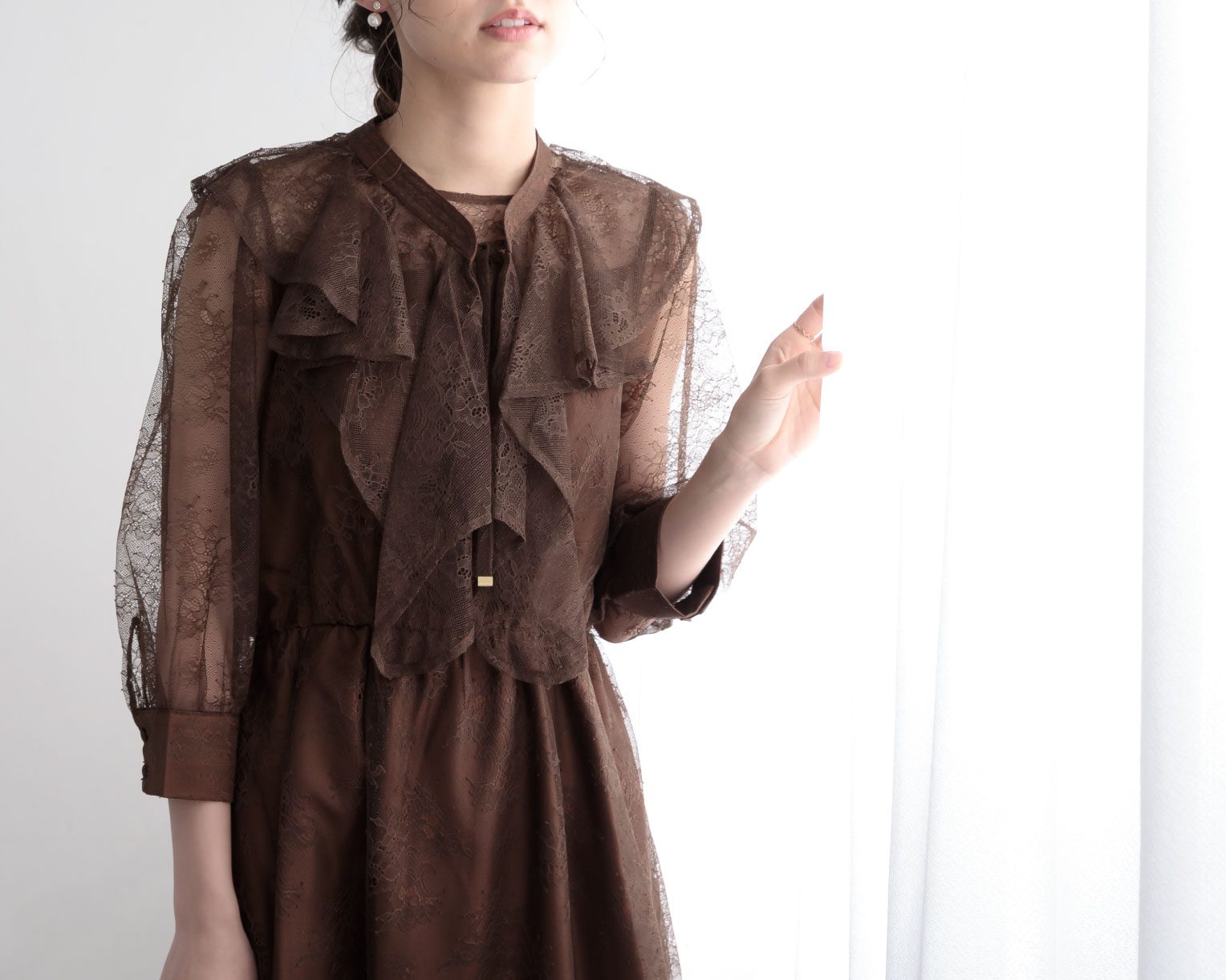 【S~4L】襟付き総レース2WAYドレス 105030ブラウン