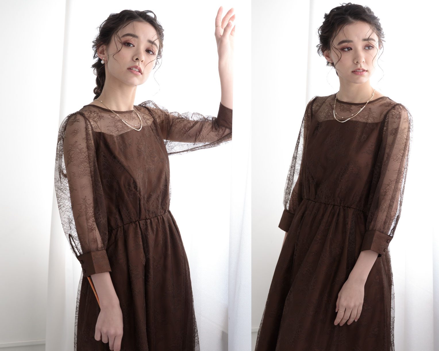 【S~4L】襟付き総レース2WAYドレス 105030ブラウン