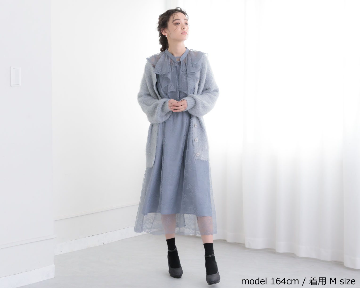 【S~4L】襟付き総レース2WAYドレス 105030ブラウン