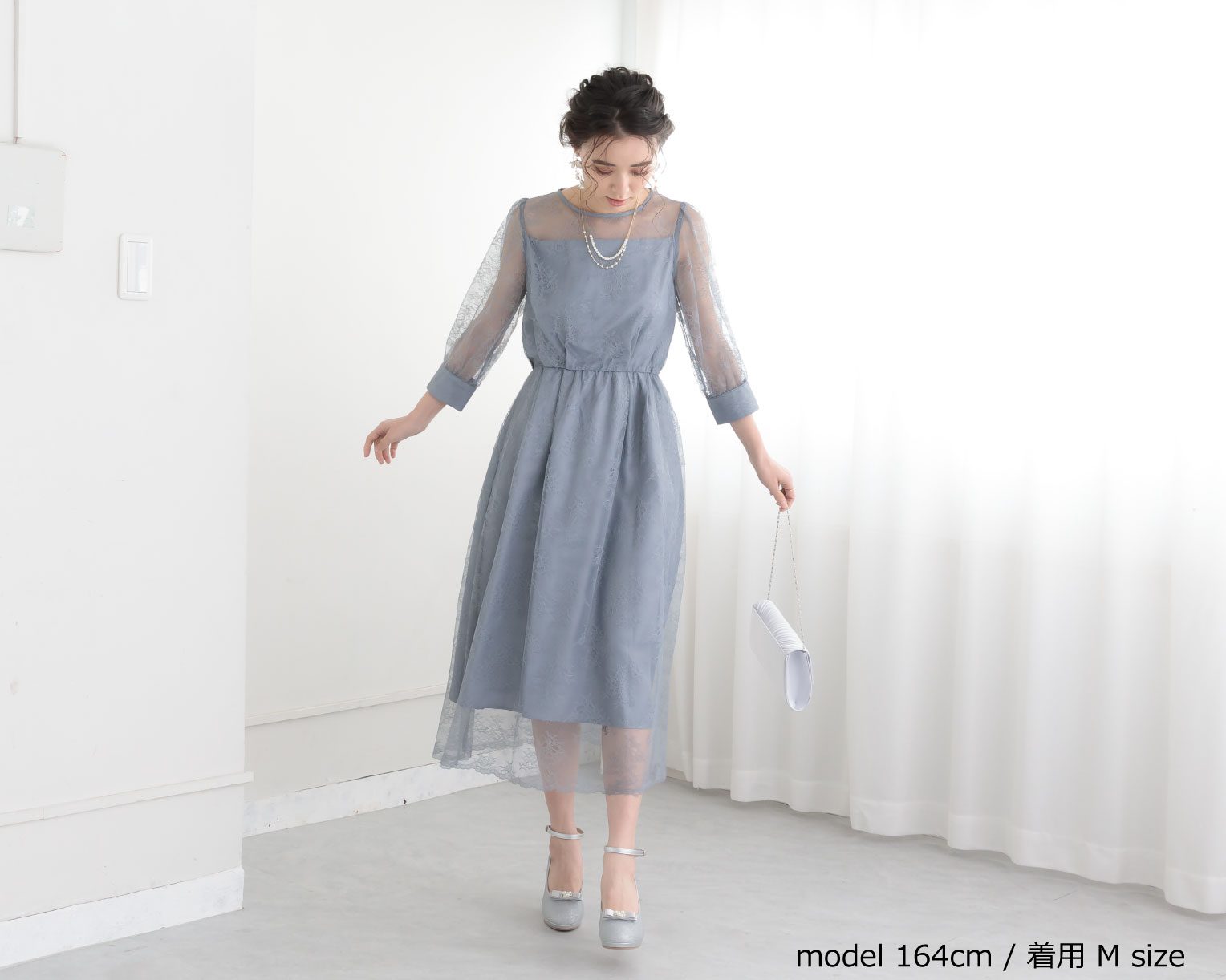 【S~4L】襟付き総レース2WAYドレス 105030ネイビー