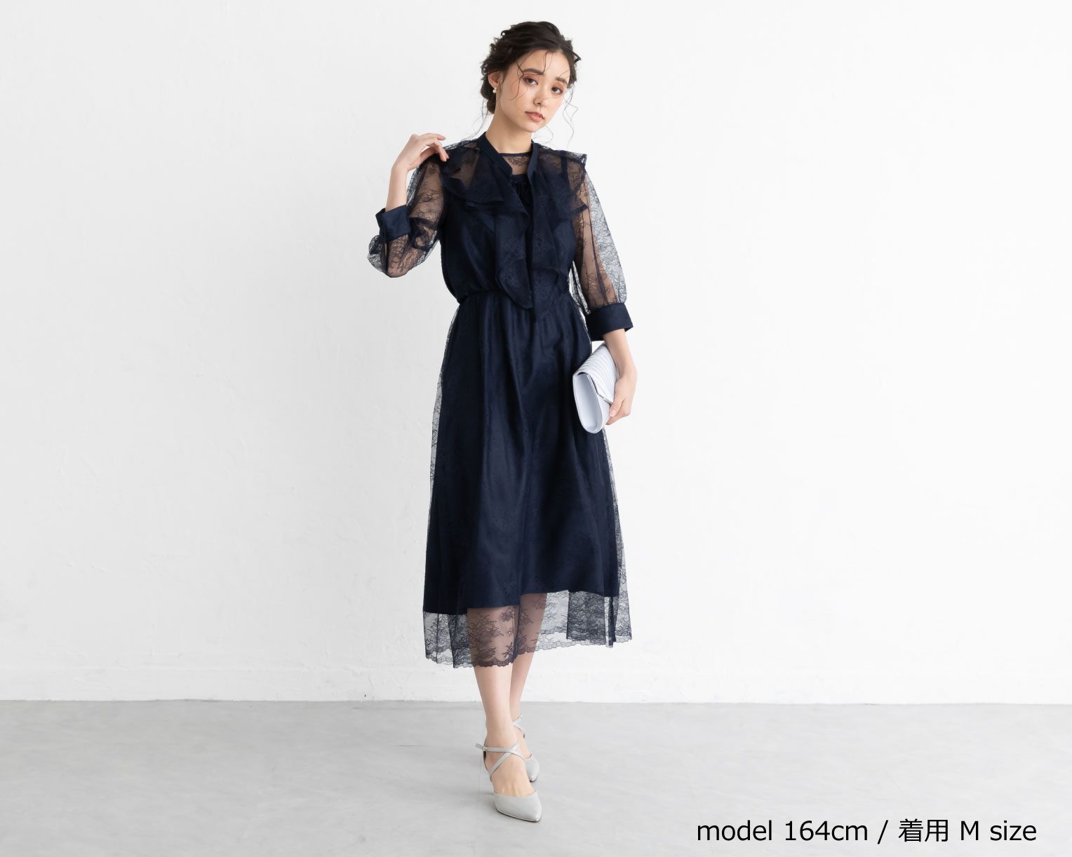 【S~4L】襟付き総レース2WAYドレス 105030ネイビー