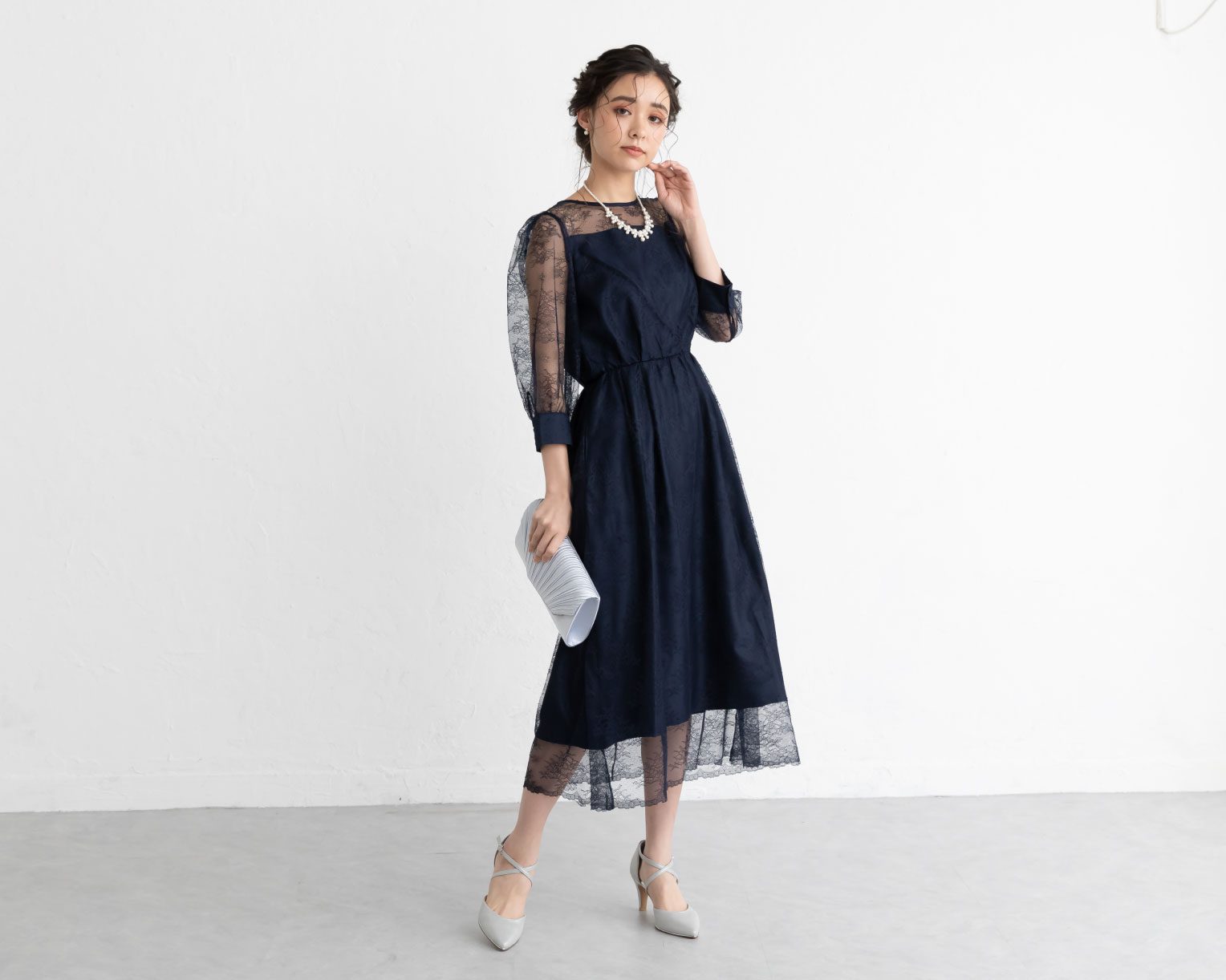 【S~4L】襟付き総レース2WAYドレス 105030ブラウン