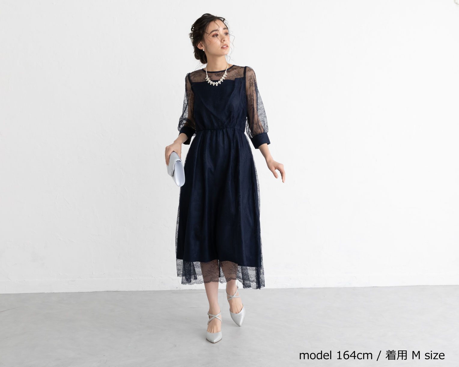 【S~4L】襟付き総レース2WAYドレス 105030ネイビー