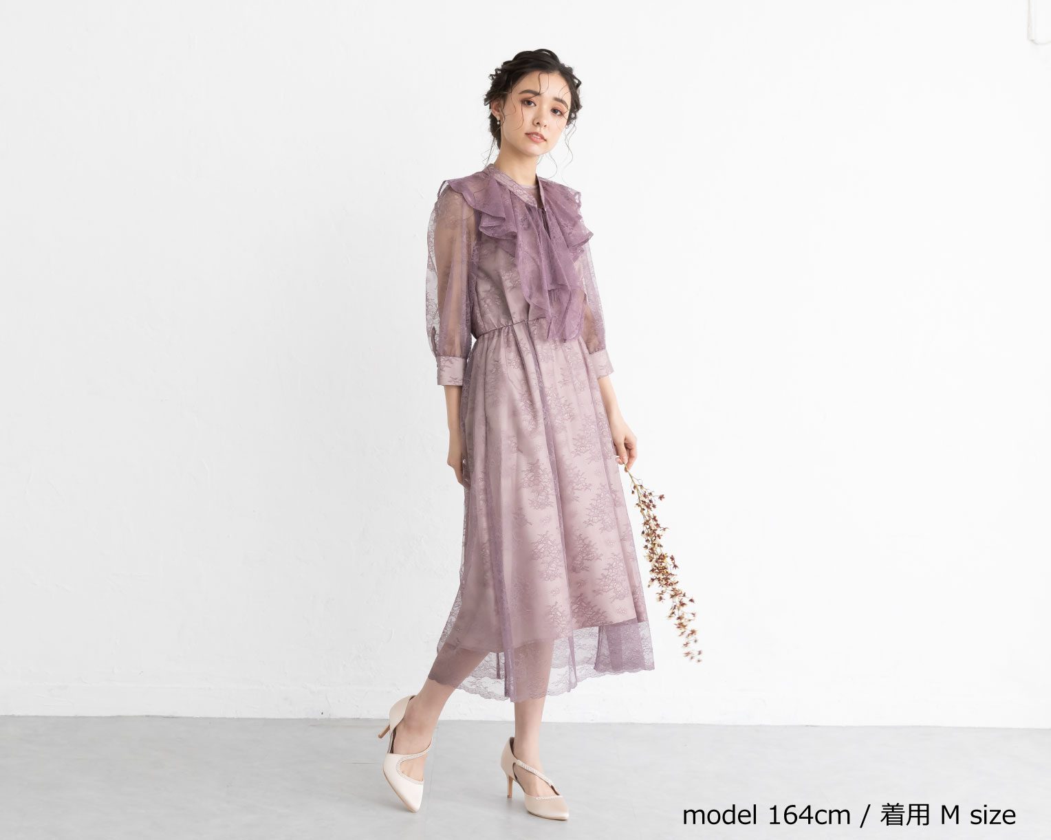 【S~4L】襟付き総レース2WAYドレス 105030ブラウン