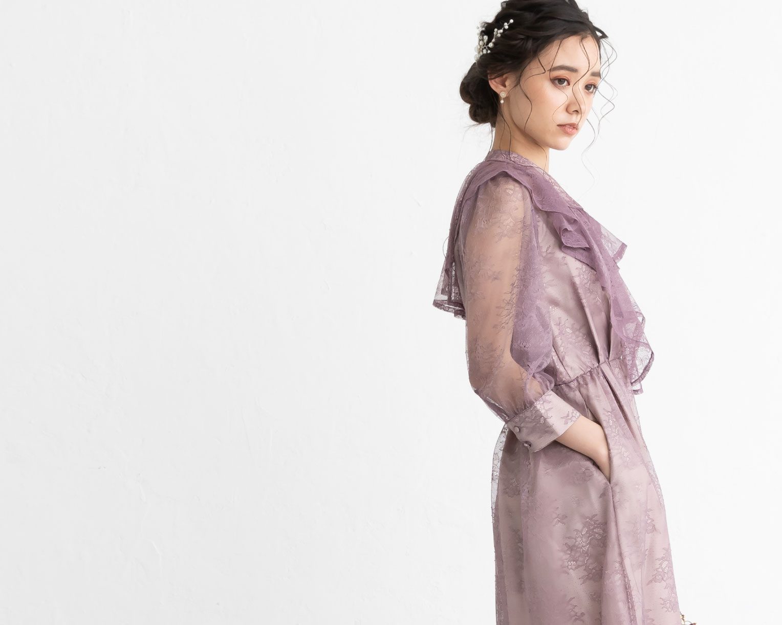 【S~4L】襟付き総レース2WAYドレス 105030ブラウン