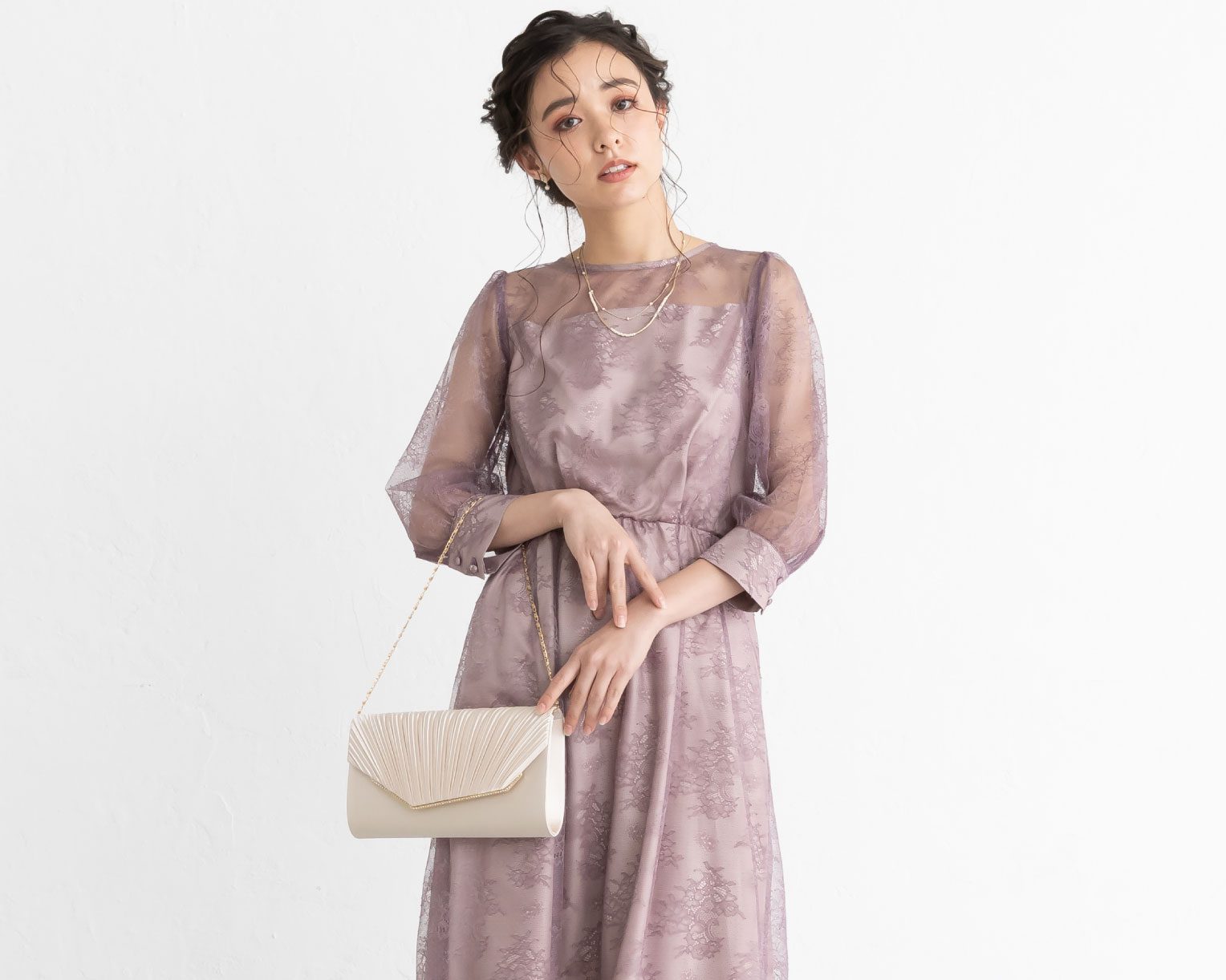 【S~4L】襟付き総レース2WAYドレス 105030ブラウン