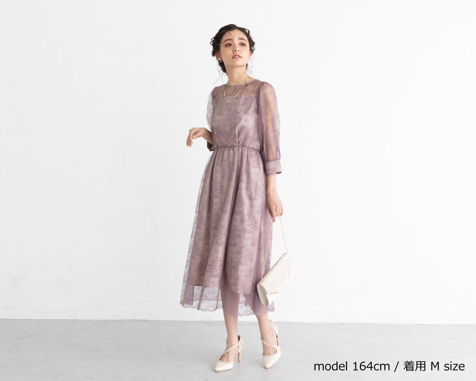 【S~4L】襟付き総レース2WAYドレス 105030ブラウン