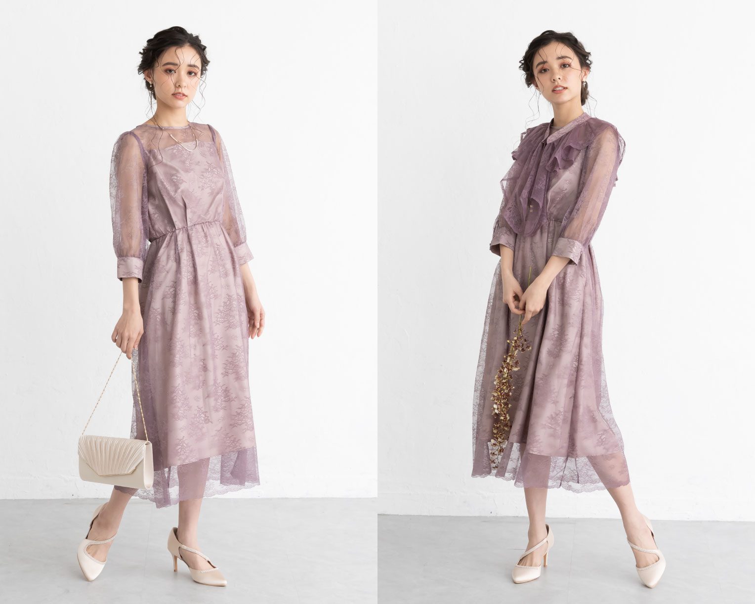 【S~4L】襟付き総レース2WAYドレス 105030ブラウン