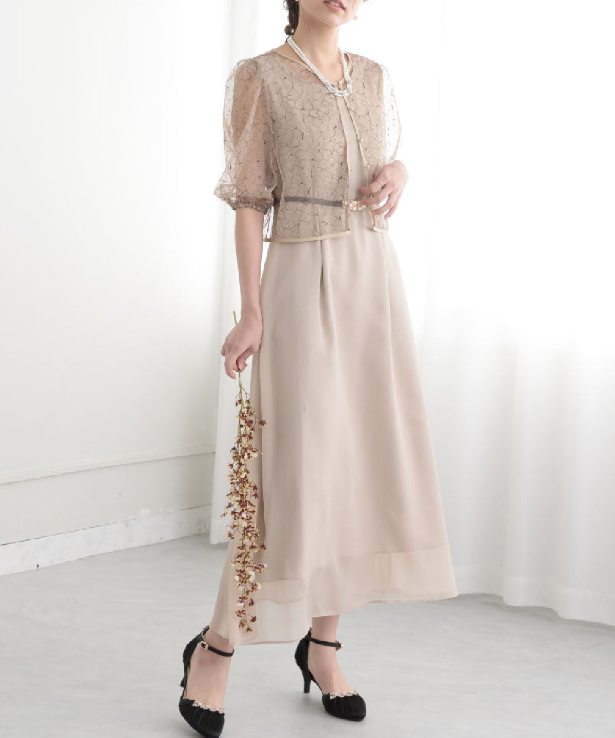 【S~L】レースボレロ付き2WAYドレス 105027ベージュ