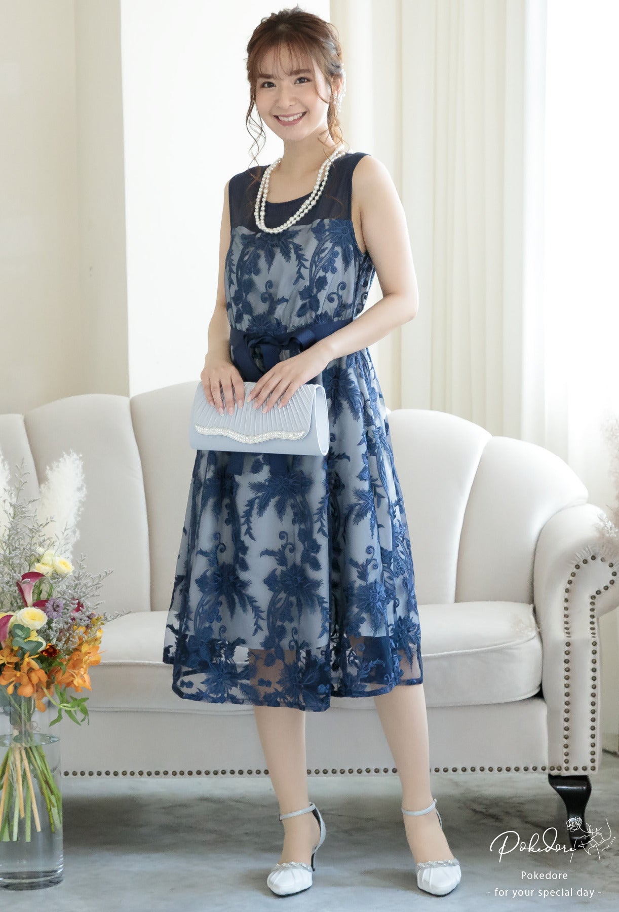 ポケット付き刺繍レースドレス 105016ネイビー