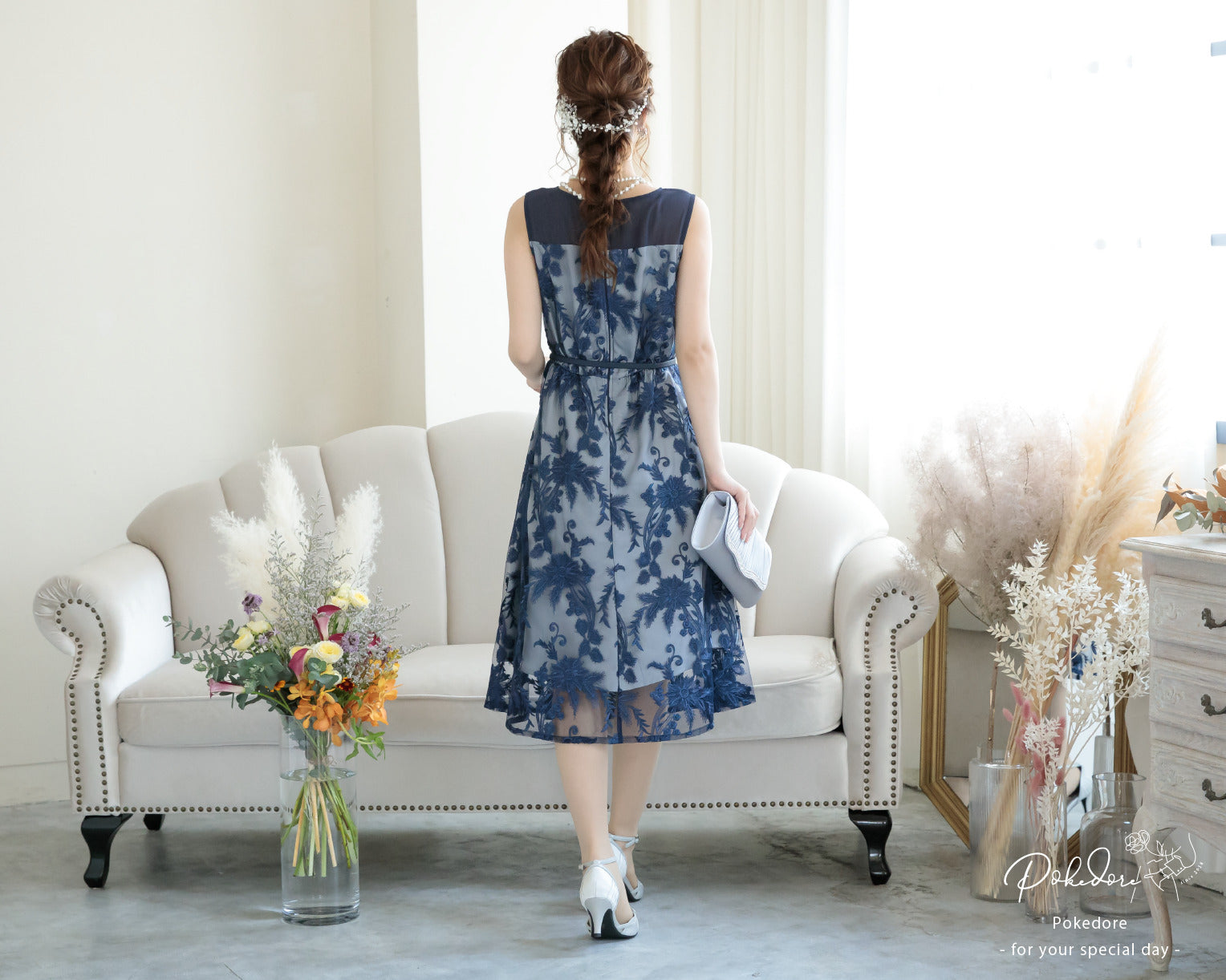 ポケット付き刺繍レースドレス 105016ネイビー