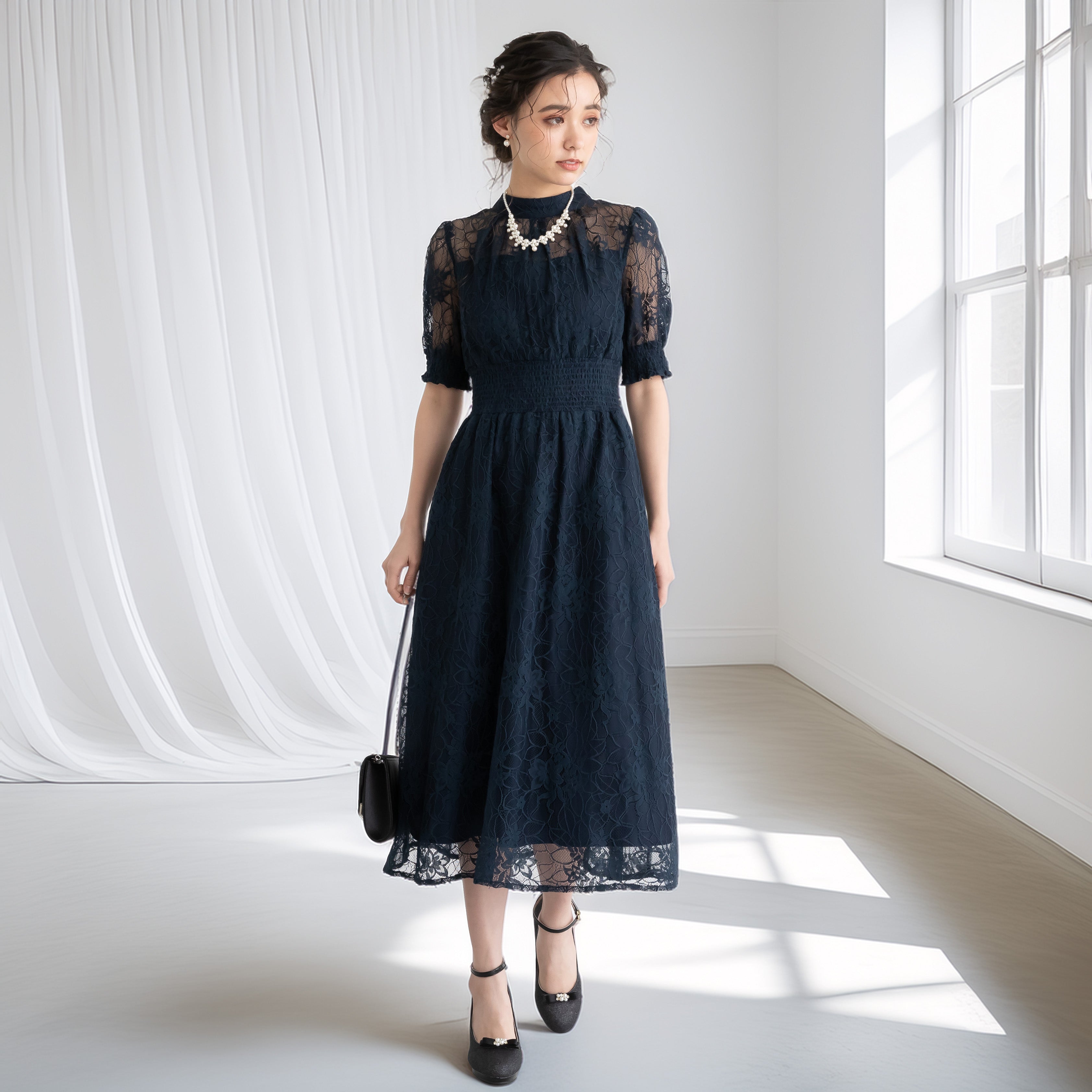 バックリボンシャーリングレース2WAYドレス 105029ネイビー【S/M/L/LL/3L/4Lサイズ展開】