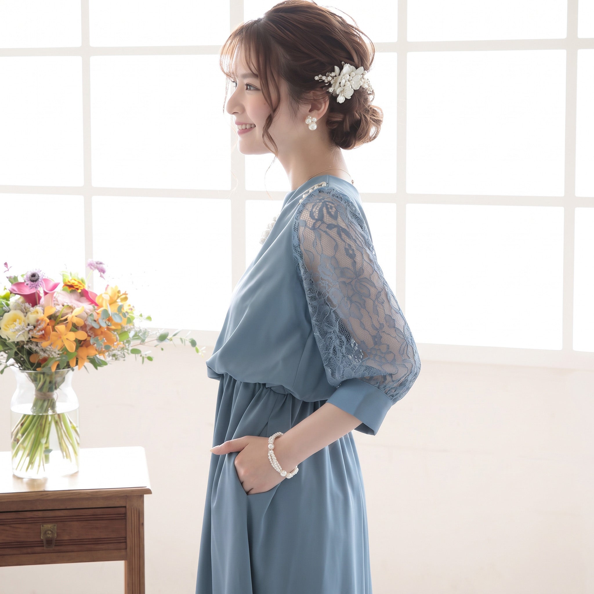 レーススリーブドレス ポケット付き 105011ダスティブルー【S/M/L/LL/3L/4Lサイズ展開】