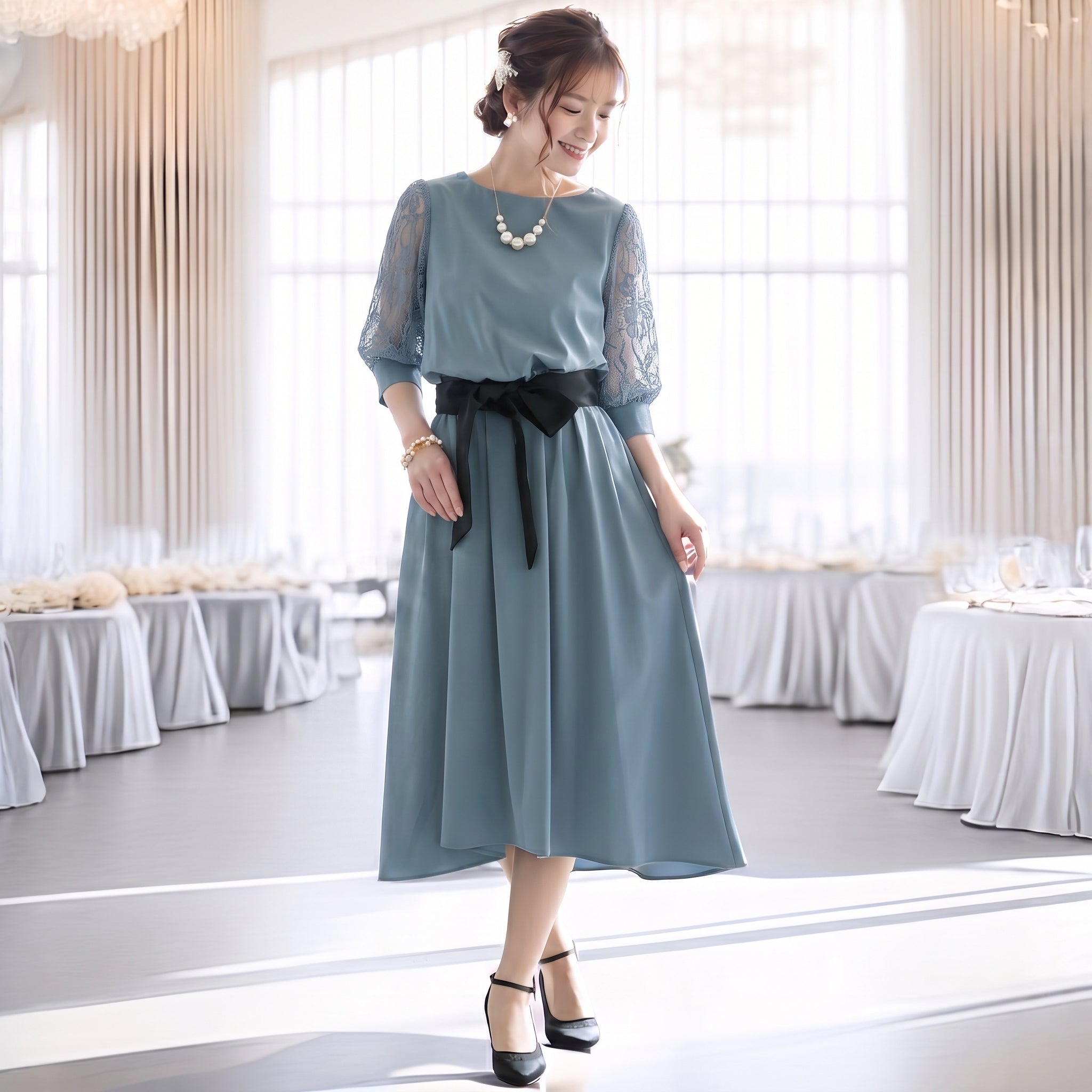 レーススリーブドレス ポケット付き 105011ダスティブルー【S/M/L/LL/3L/4Lサイズ展開】