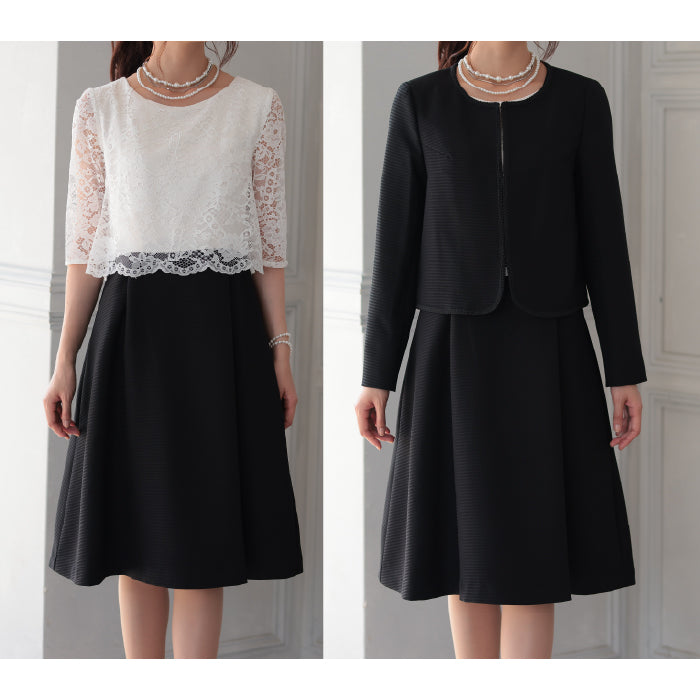 【2点セット】レース×ピケツイード調アンサンブルスーツ h119508-ブラック
