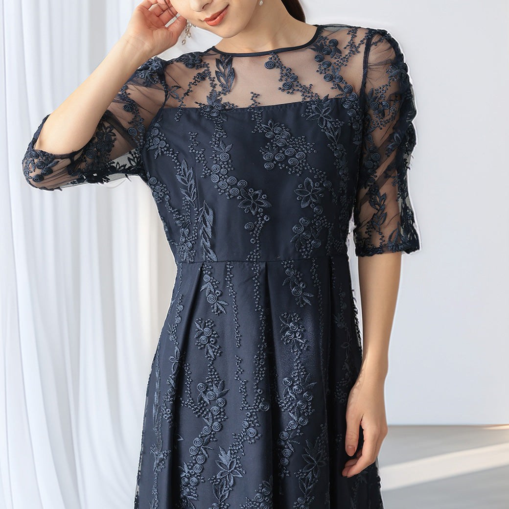 花柄刺繍ミディ丈ドレス h321156 ネイビー【S/M/L/LL/3L/4Lサイズ展開】