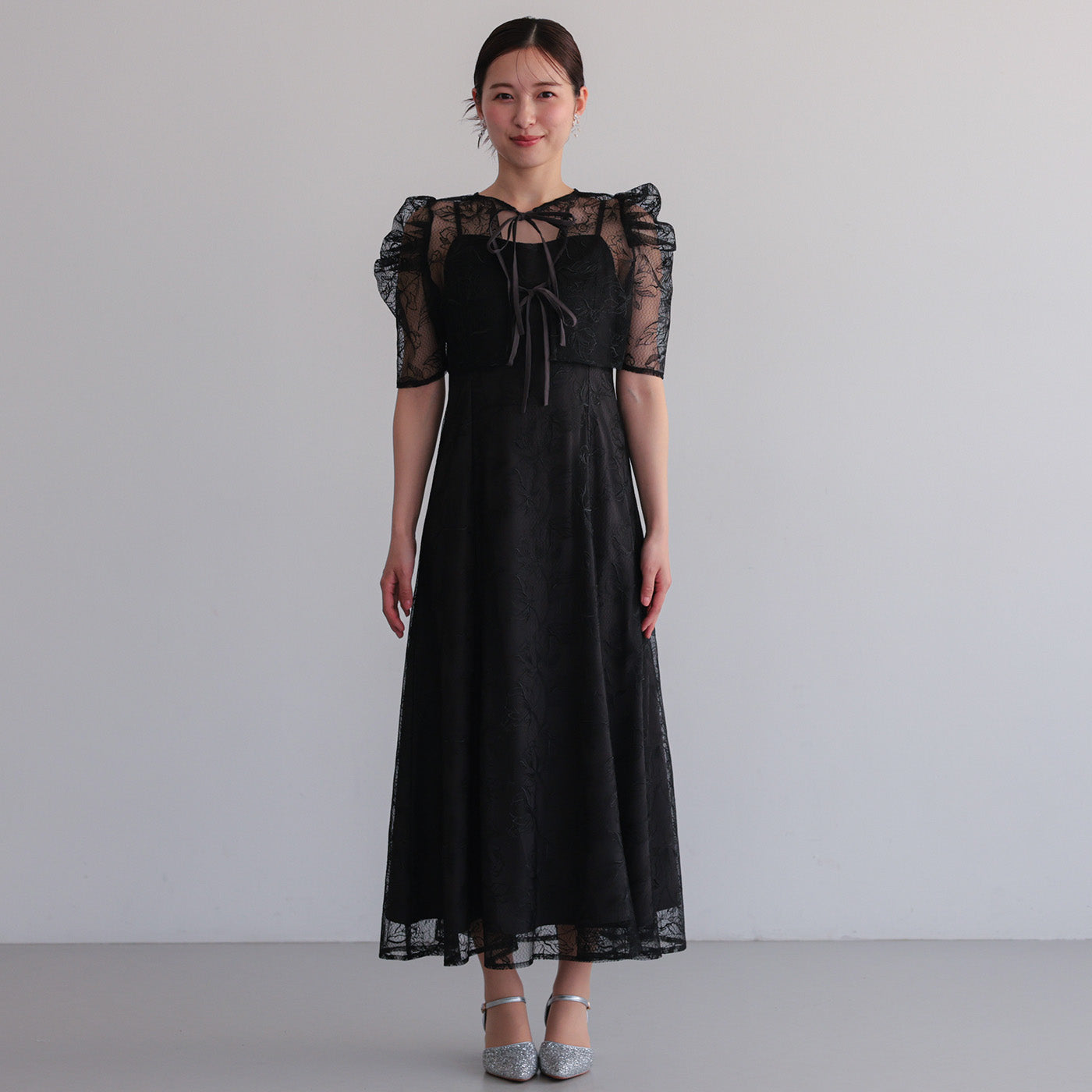 【S~L】シアーレースボレロセットドレス h325280 ブラック