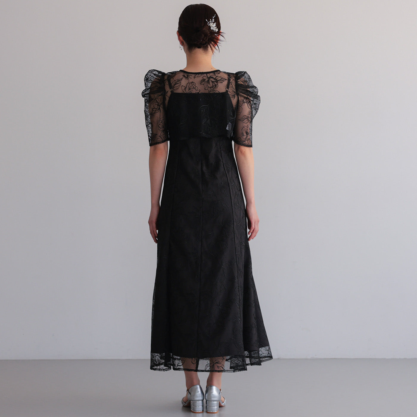 【S~L】シアーレースボレロセットドレス h325280 ブラック