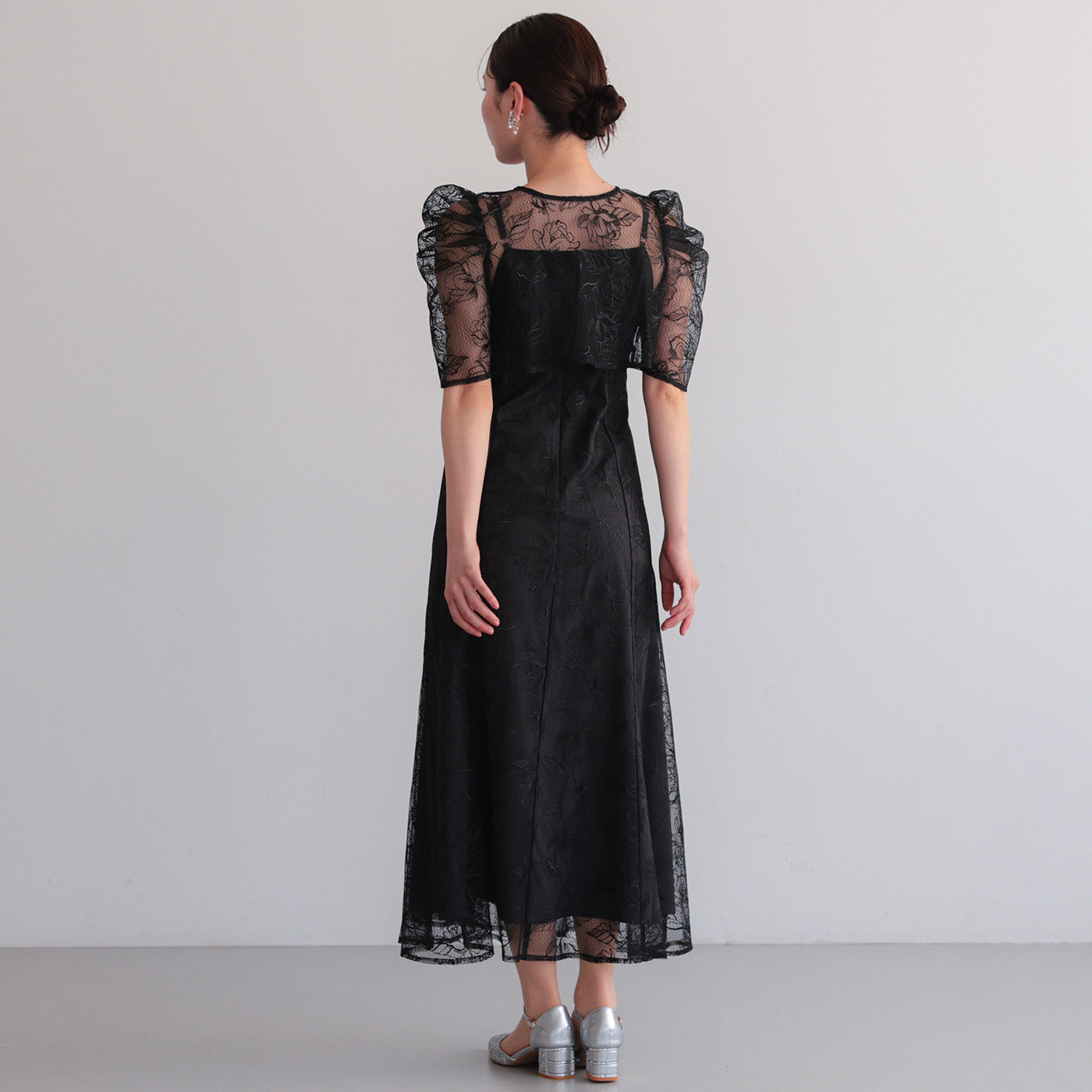 【S~L】シアーレースボレロセットドレス h325280 ブラック