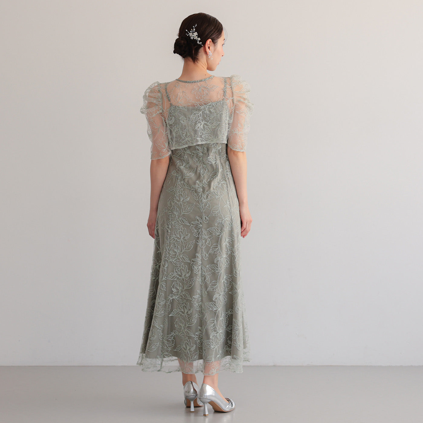 【S~L】シアーレースボレロセットドレス h325280 グリーン