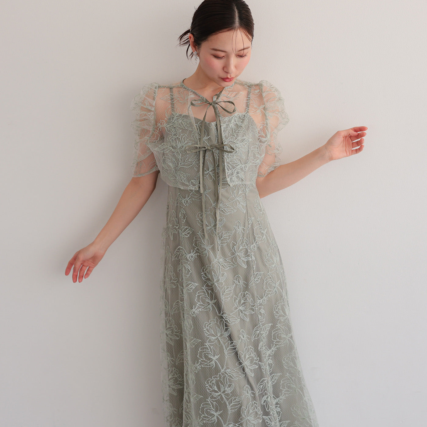 【S~L】シアーレースボレロセットドレス h325280 グリーン