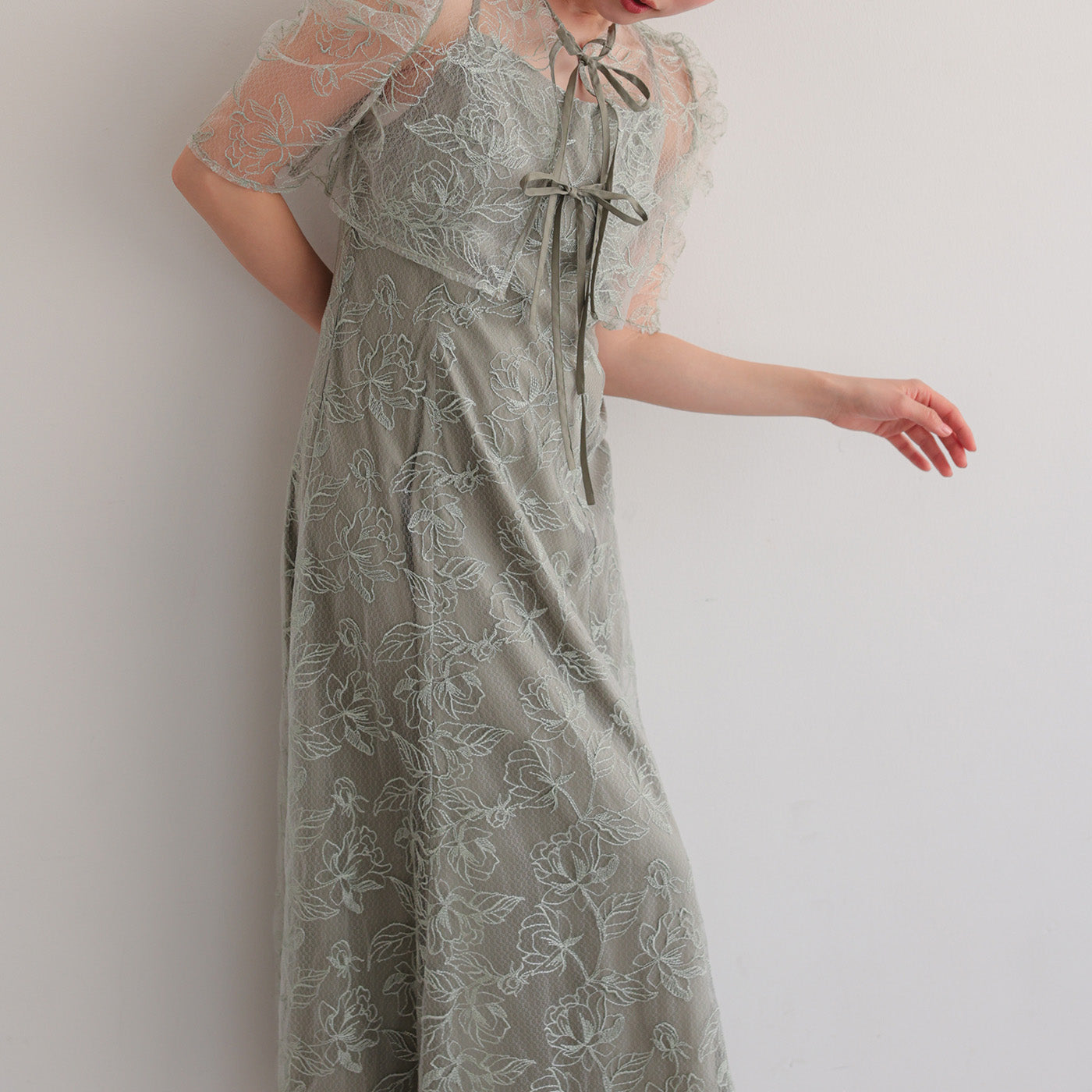 【S~L】シアーレースボレロセットドレス h325280 グリーン