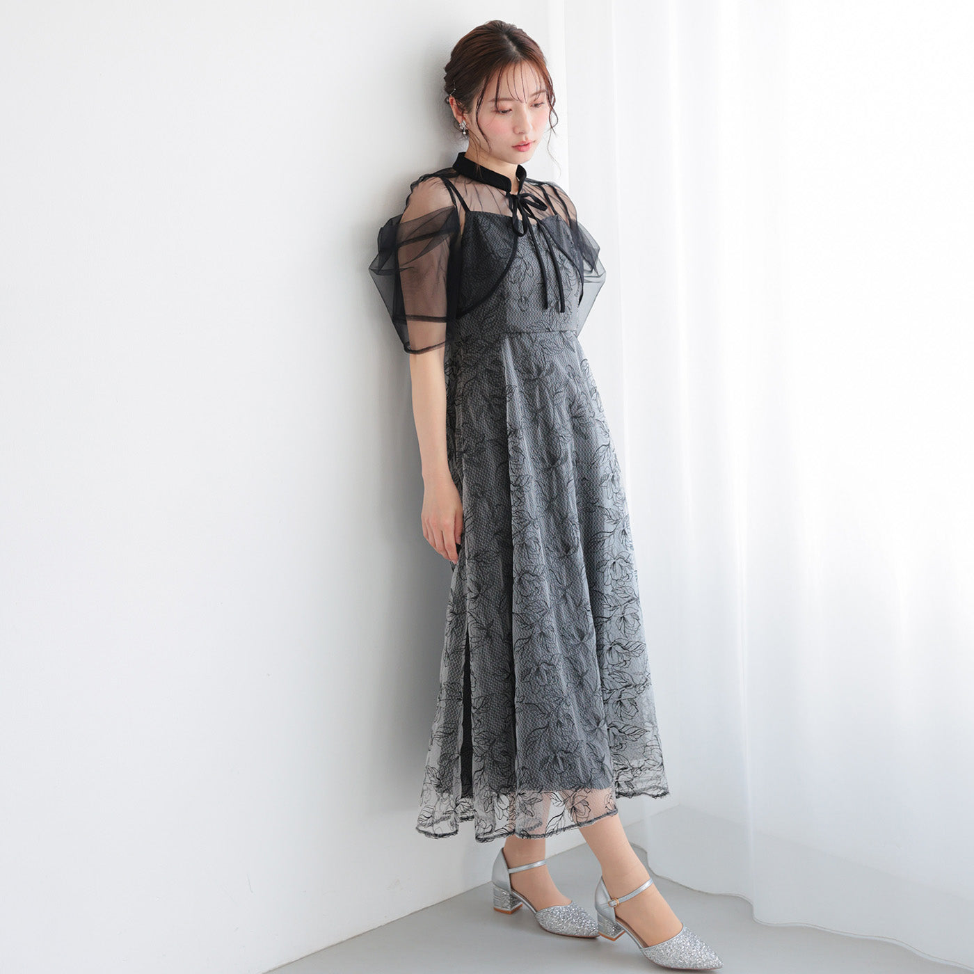 ボレロ付き2WAYシアーチュールフレアドレス h326286 ブラック
