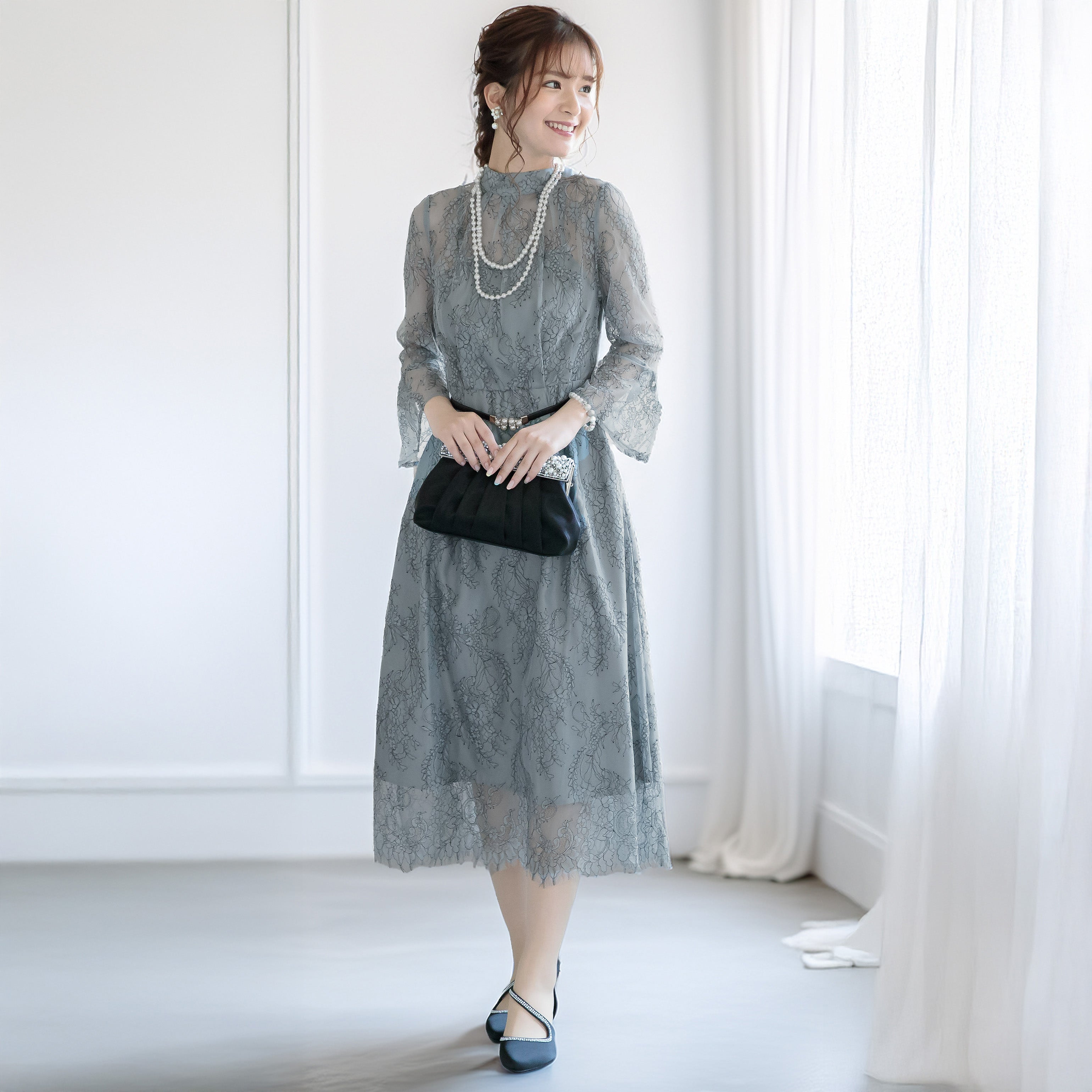 ポケット付き配色レース2WAYドレス 105015ブルーグレー【S/M/L/LLサイズ展開】