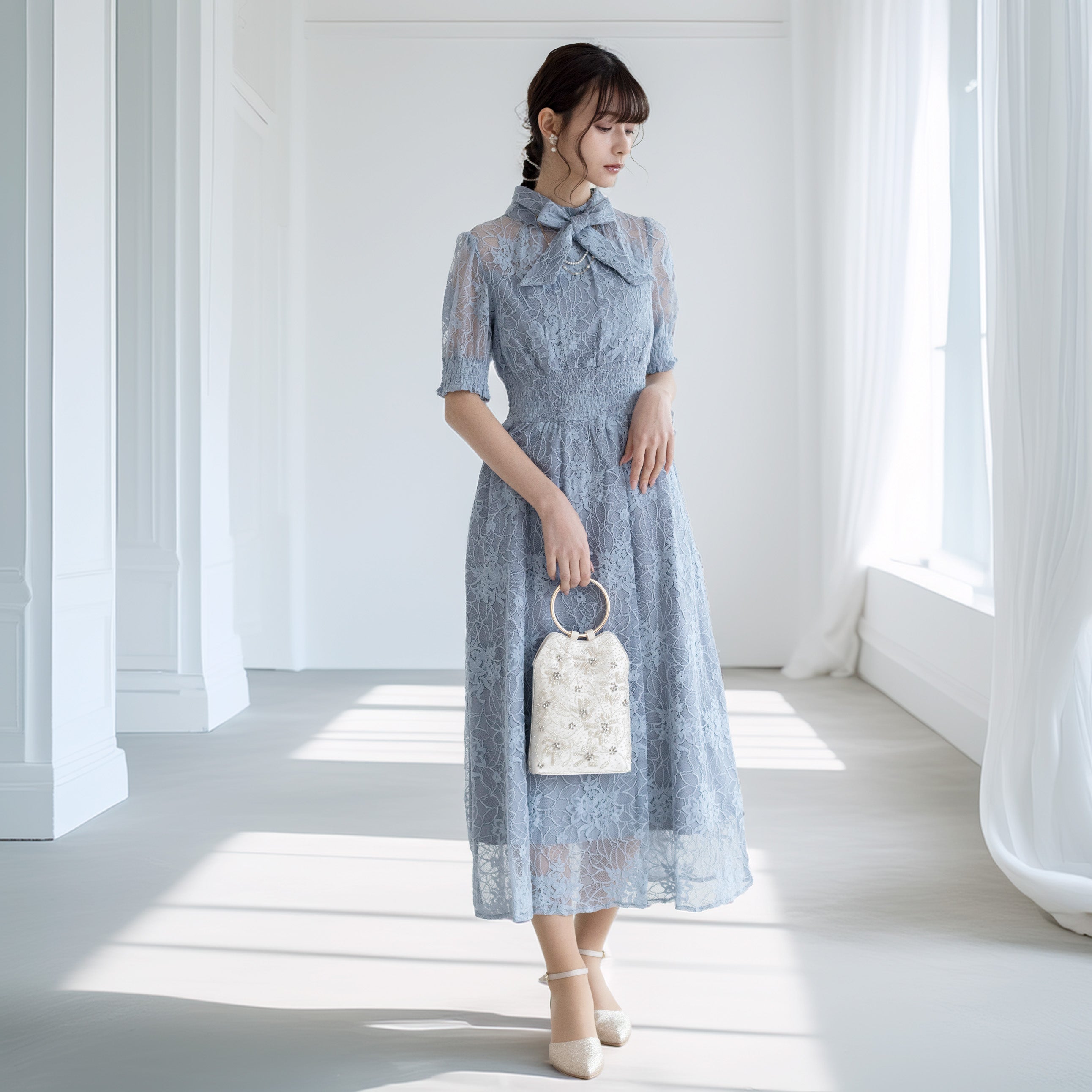 バックリボンシャーリングレース2WAYドレス　105029ダスティブルー【S/M/L/LL/3L/4Lサイズ展開】