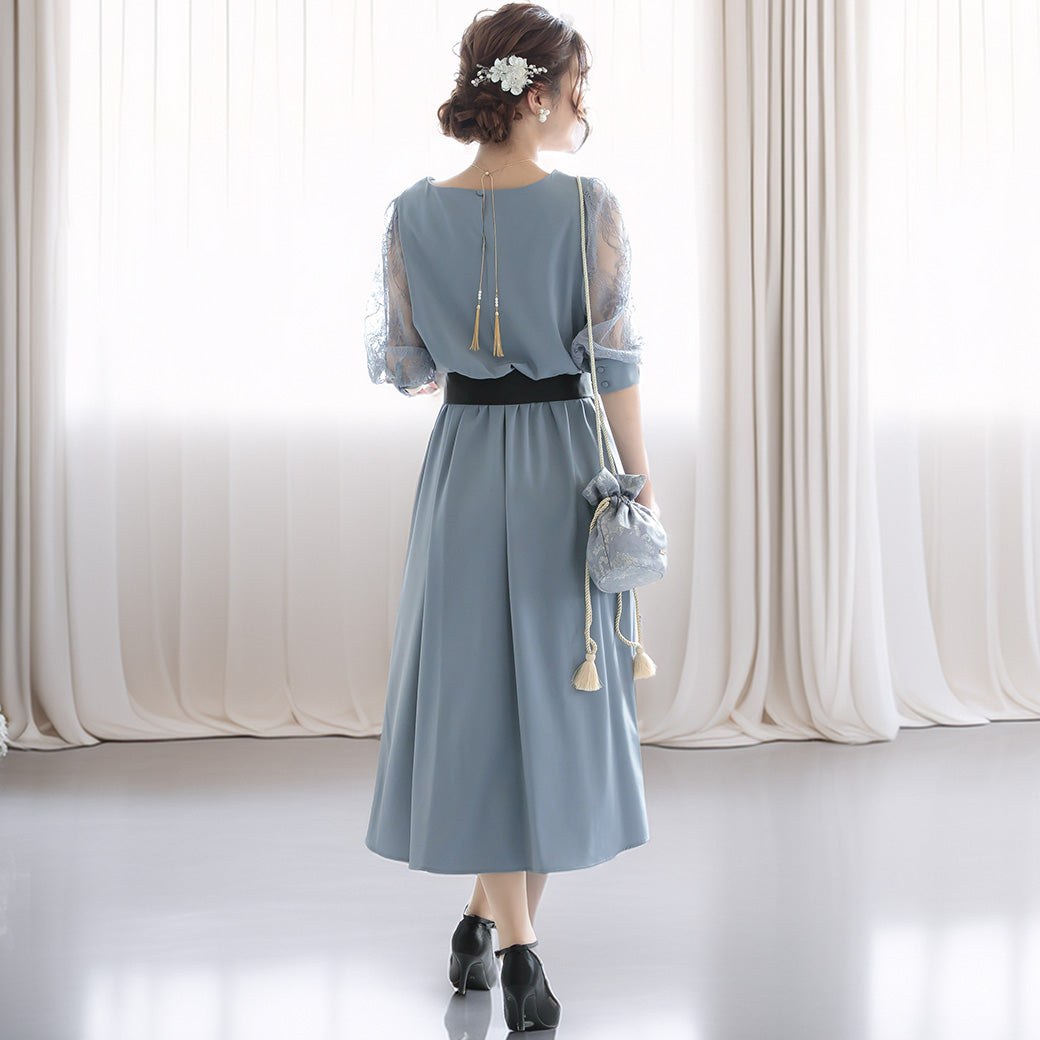 レーススリーブドレス ポケット付き 105011ダスティブルー【S/M/L/LL/3L/4Lサイズ展開】
