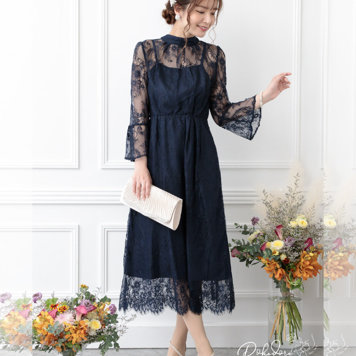 TADASHI SHOJI ネイビーレースドレス 7分袖 袖あり 結婚式 2次会 