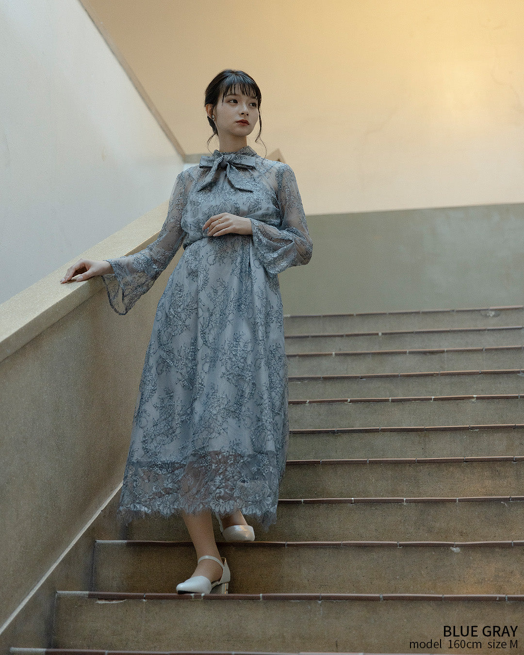 ブルーグレー レース フルレングスドレス ガール GIRL 花柄レース切替