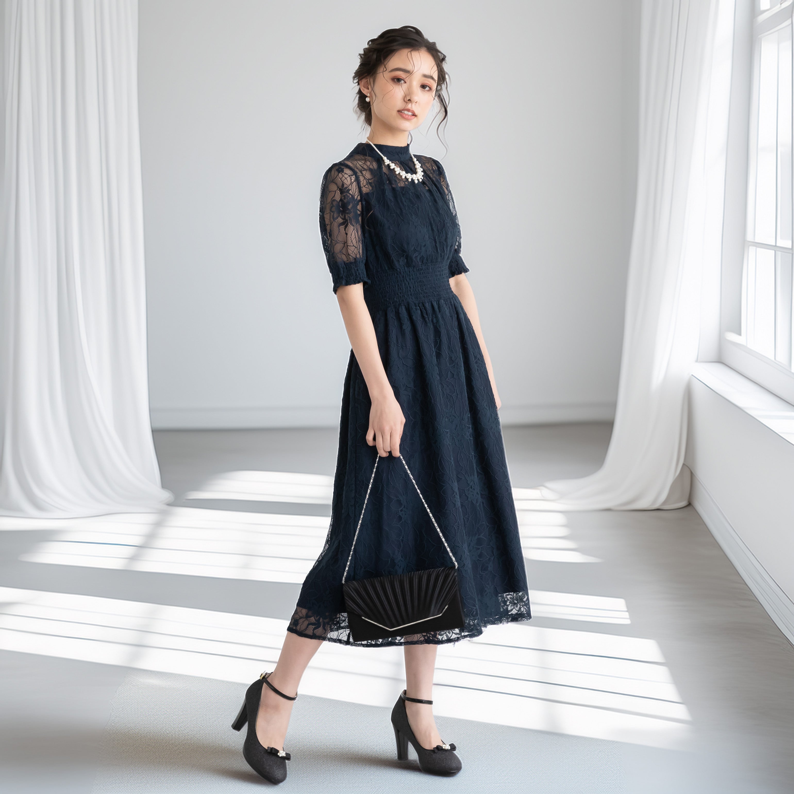 バックリボンシャーリングレース2WAYドレス　105029ネイビー【S/M/L/LL/3L/4Lサイズ展開】