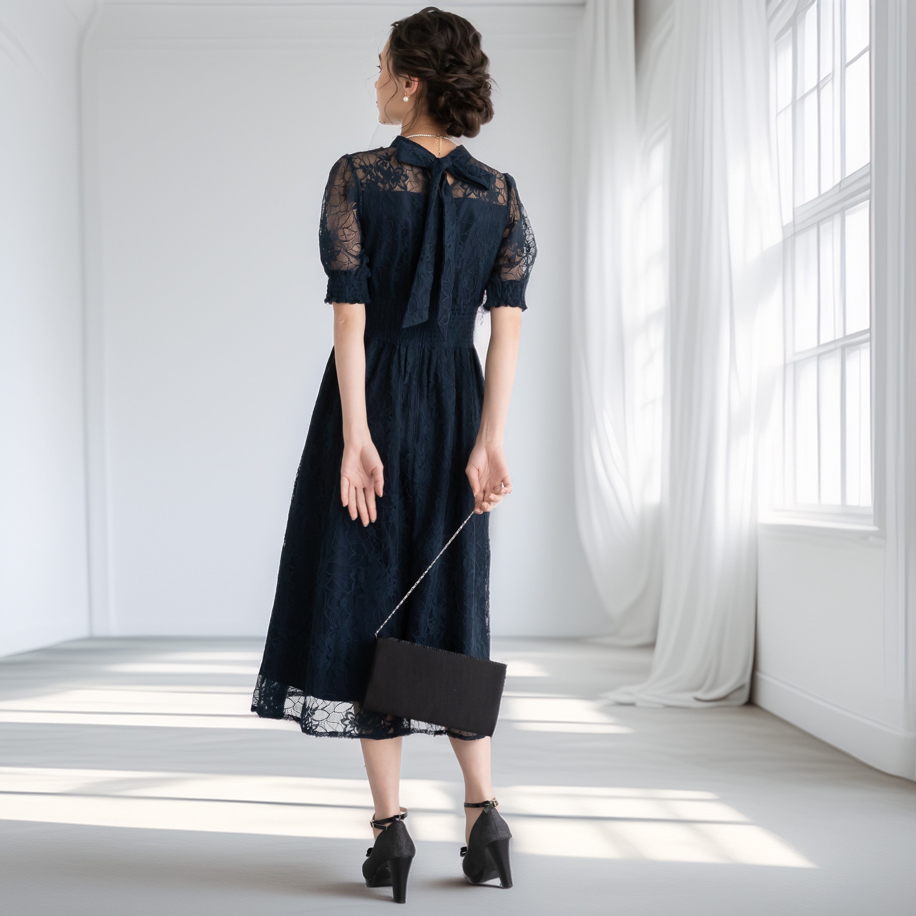 バックリボンシャーリングレース2WAYドレス　105029ネイビー【S/M/L/LL/3L/4Lサイズ展開】