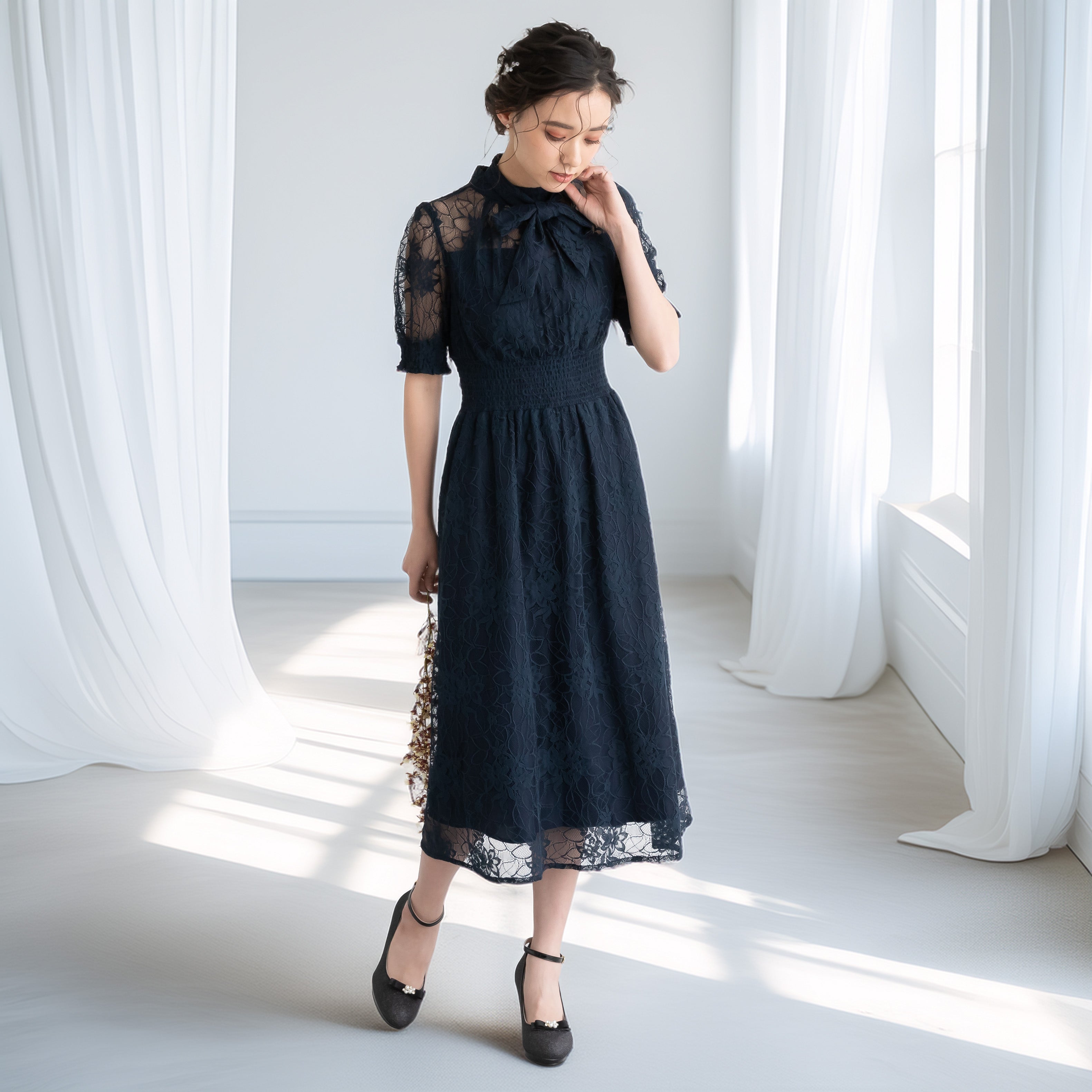 バックリボンシャーリングレース2WAYドレス　105029ネイビー【S/M/L/LL/3L/4Lサイズ展開】