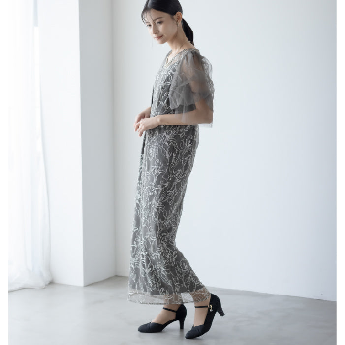 [ Dorry doll ] Fluffy sleeve pencil dress　9382-チャコール