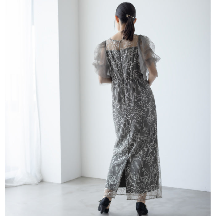 [ Dorry doll ] Fluffy sleeve pencil dress　9382-チャコール
